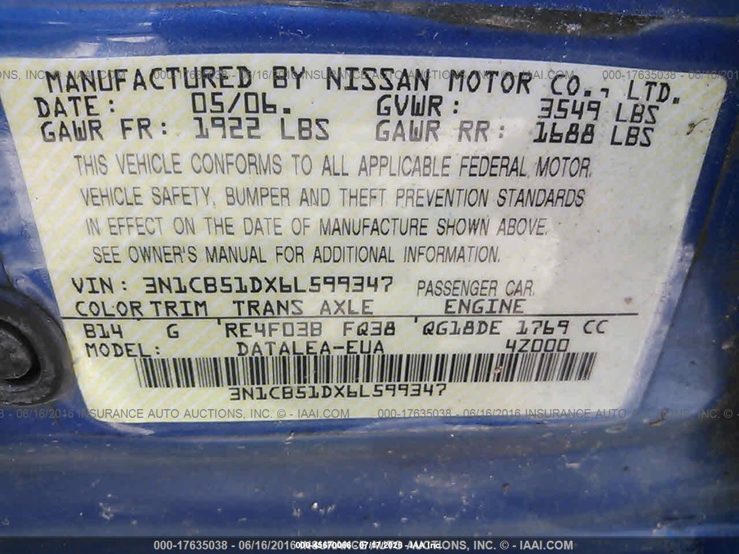 2006 Nissan Sentra 1.8s Blue vin: 3N1CB51DX6L599347