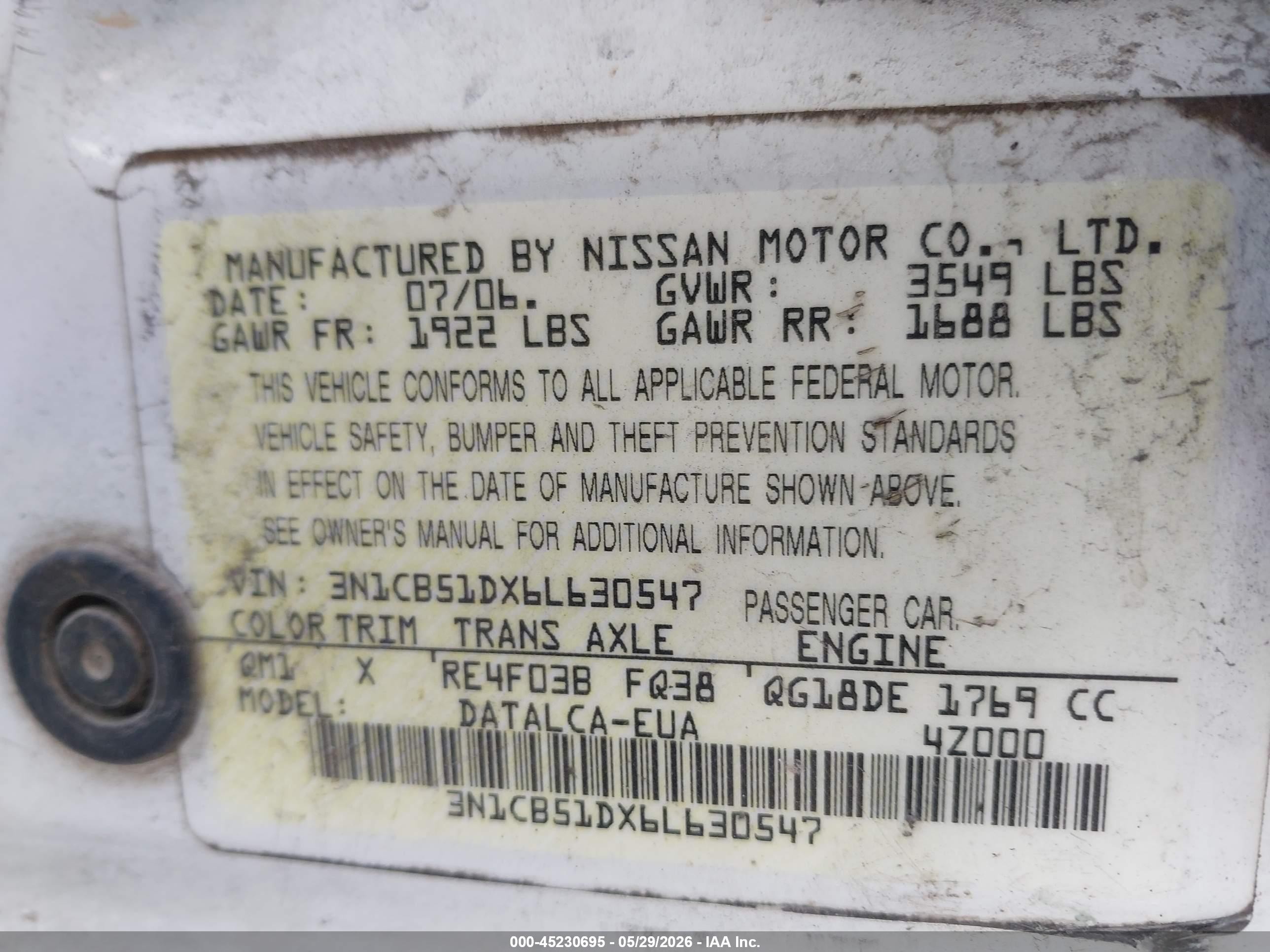 2006 Nissan Sentra 1.8 White vin: 3N1CB51DX6L630547