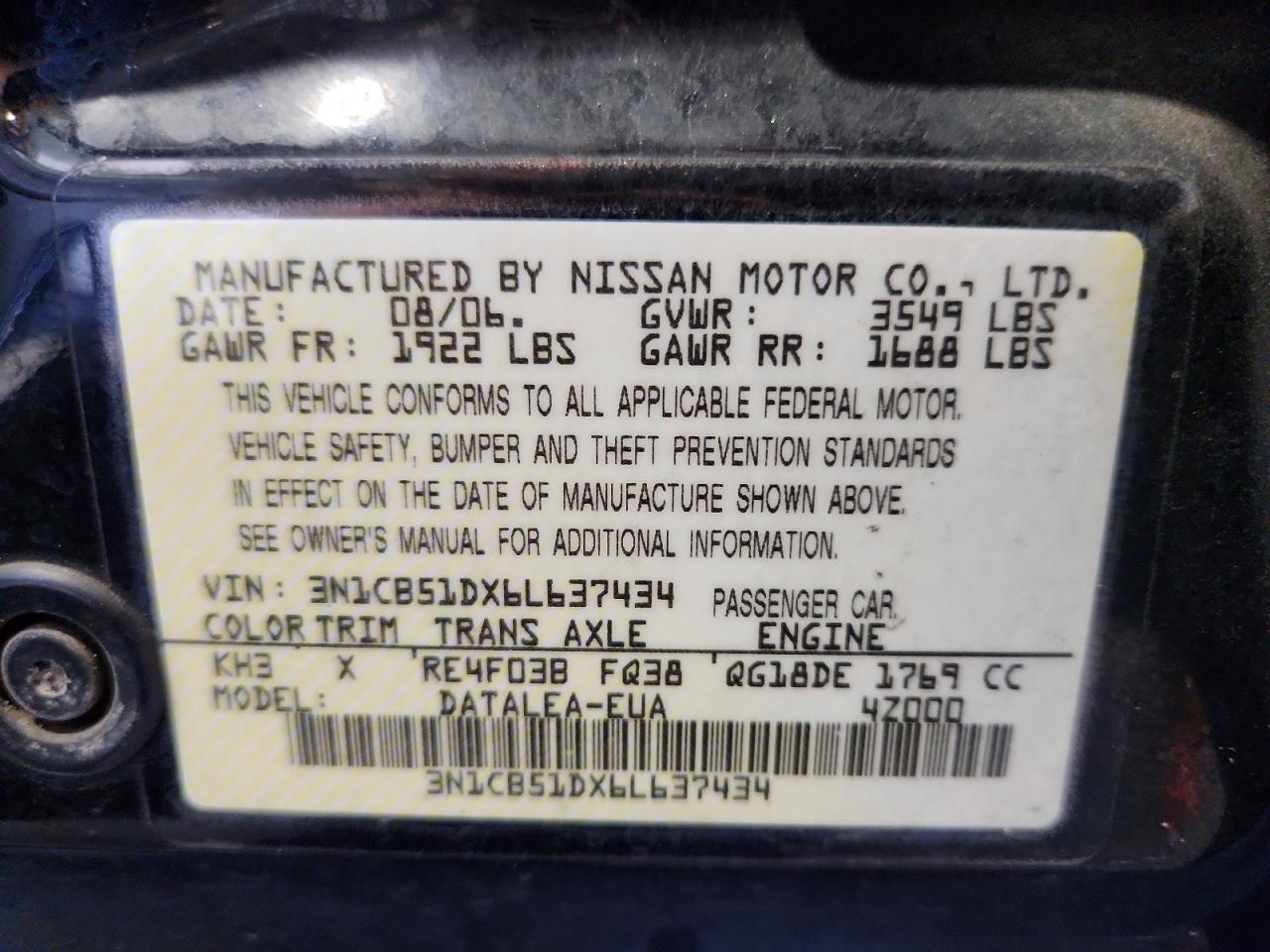 2006 Nissan Sentra 1.8 Черный vin: 3N1CB51DX6L637434