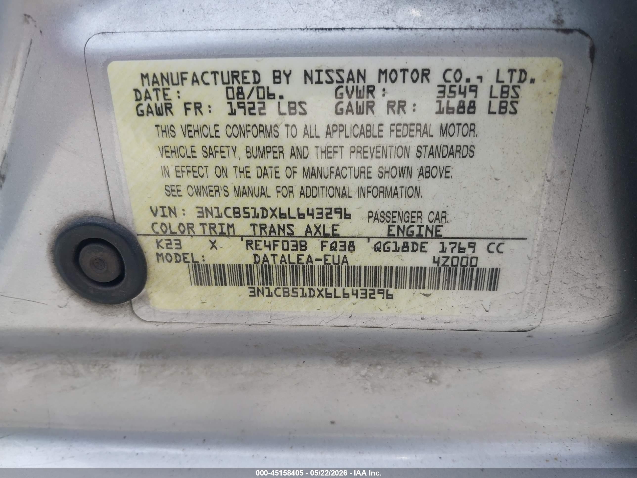 2006 Nissan Sentra 1.8s Silver vin: 3N1CB51DX6L643296