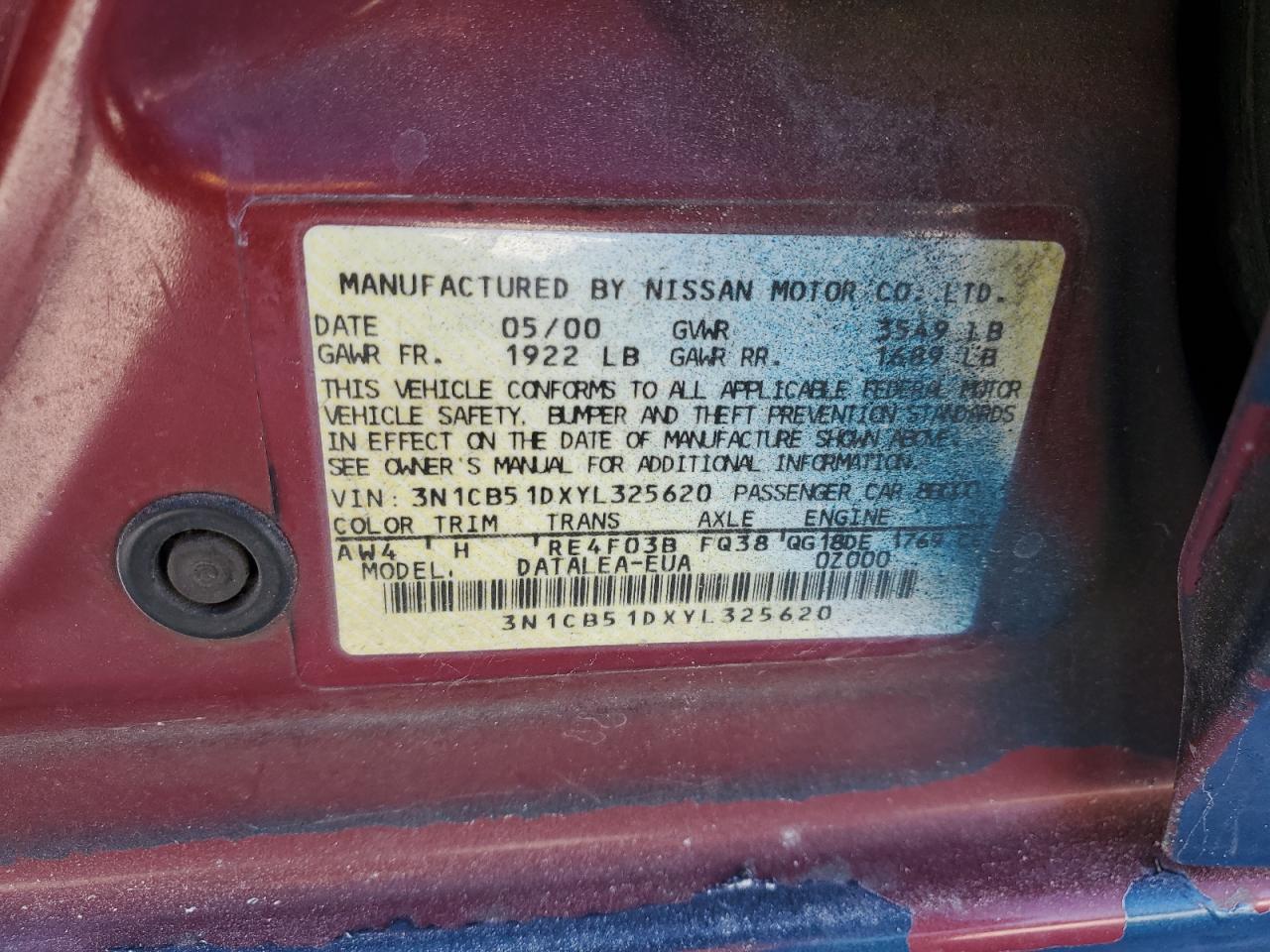2000 Nissan Sentra Base Blue vin: 3N1CB51DXYL325620