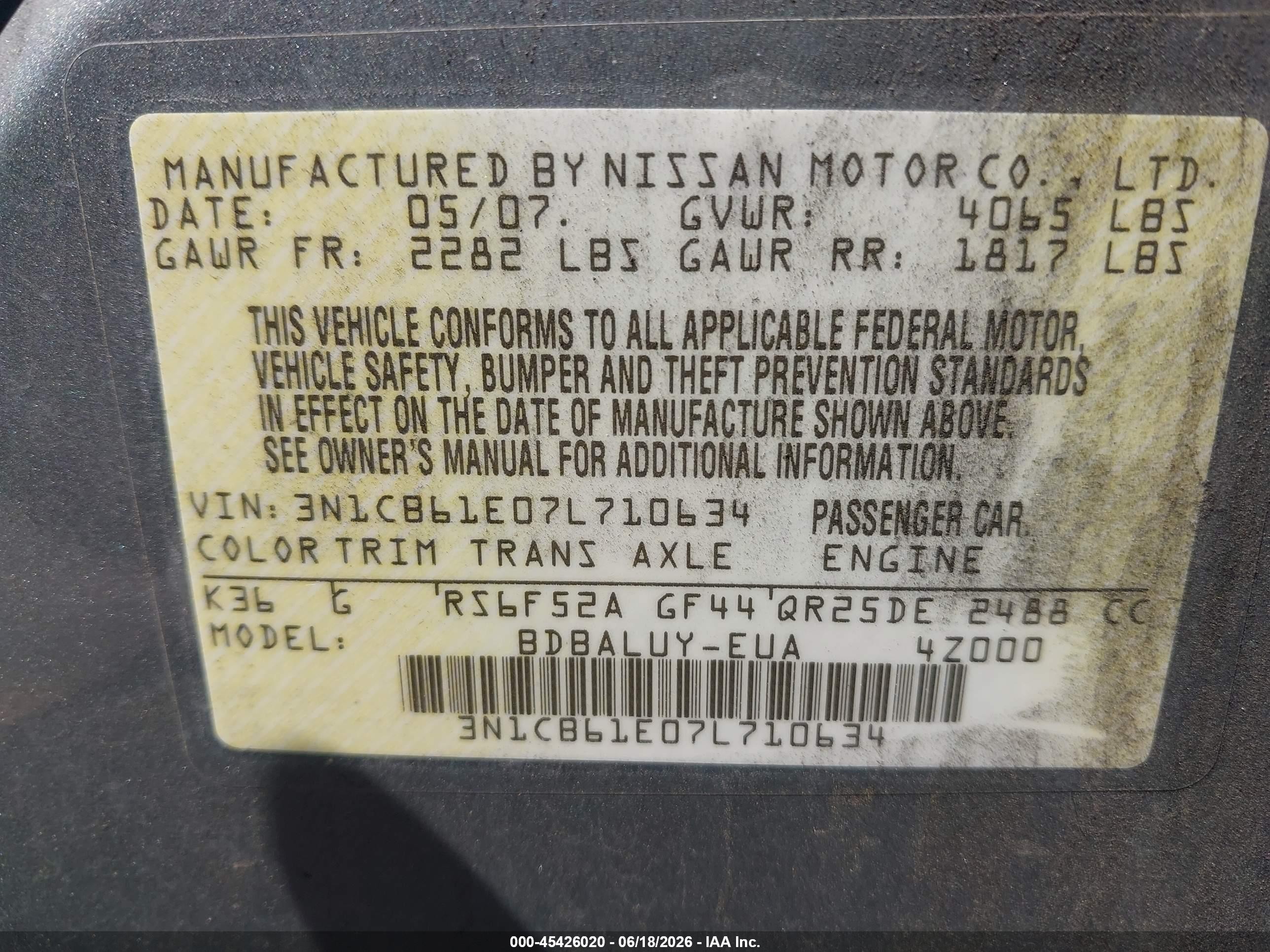 2007 Nissan Sentra Se-r Spec V Gray vin: 3N1CB61E07L710634
