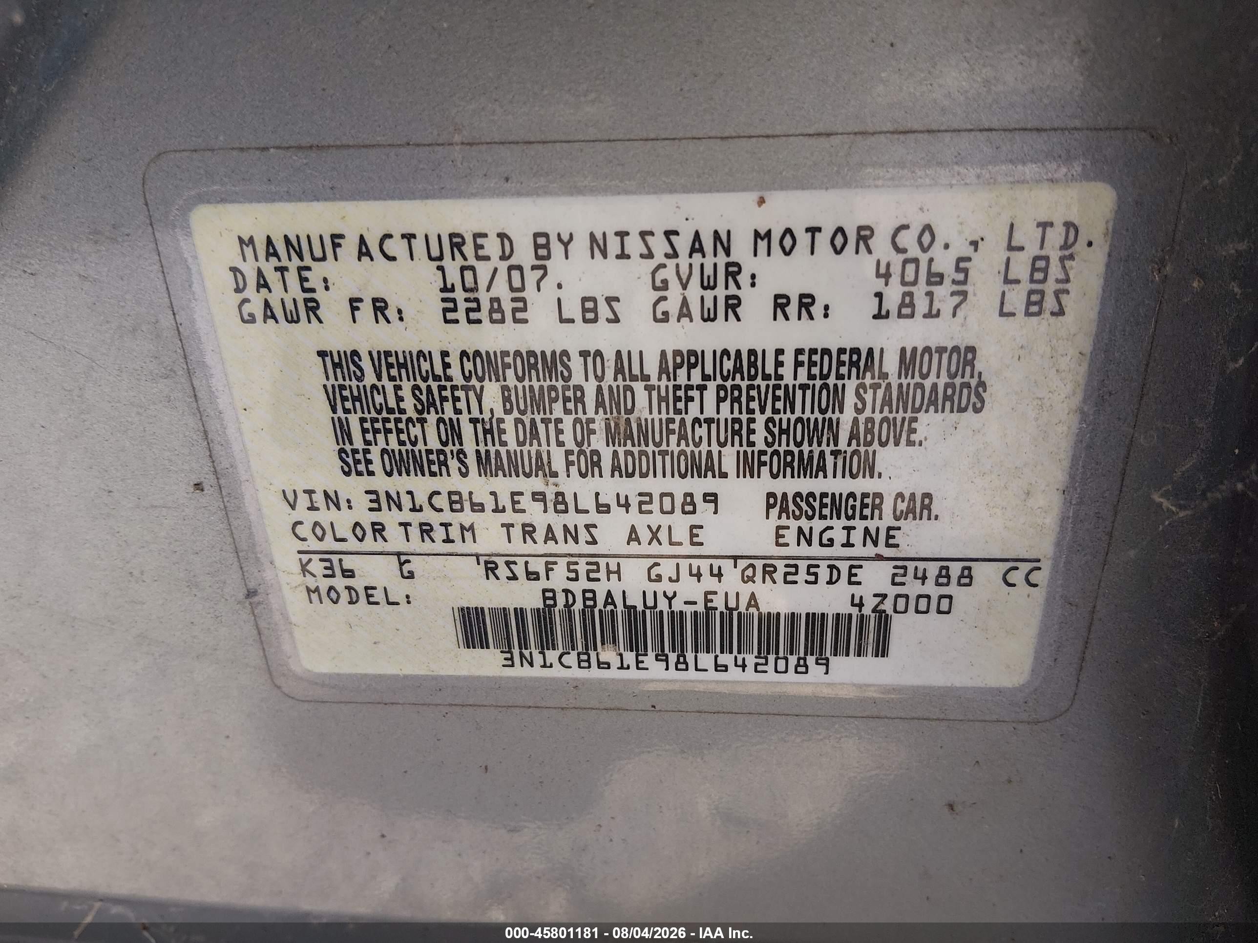 2008 Nissan Sentra Se-r Spec V Silver vin: 3N1CB61E98L642089