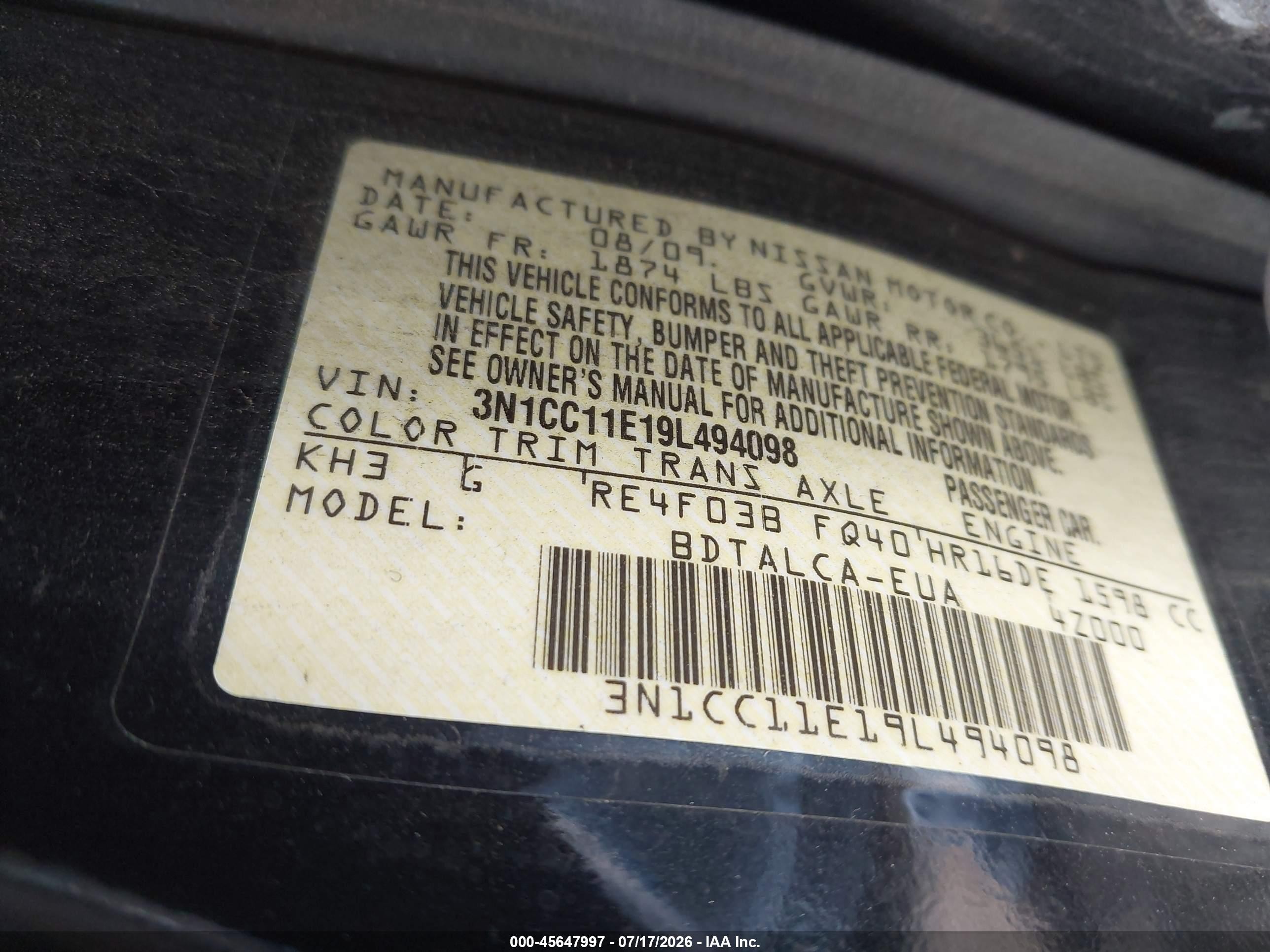 2009 Nissan Versa 1.6 Black vin: 3N1CC11E19L494098