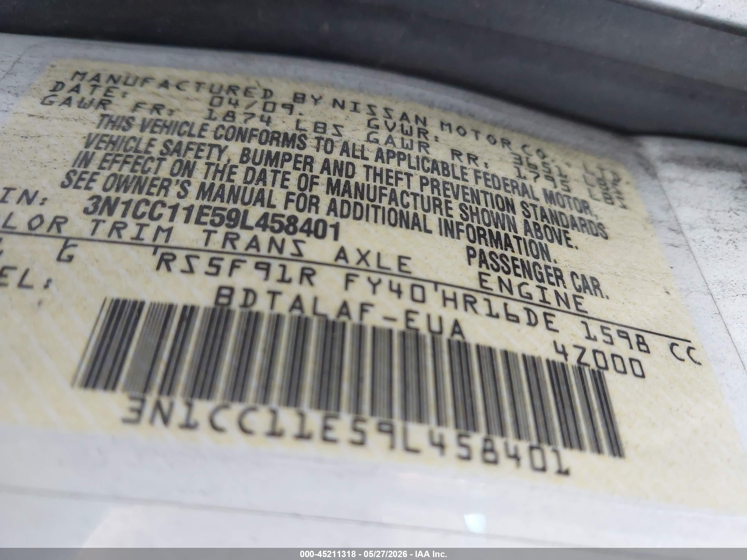 2009 Nissan Versa 1.6 Base White vin: 3N1CC11E59L458401