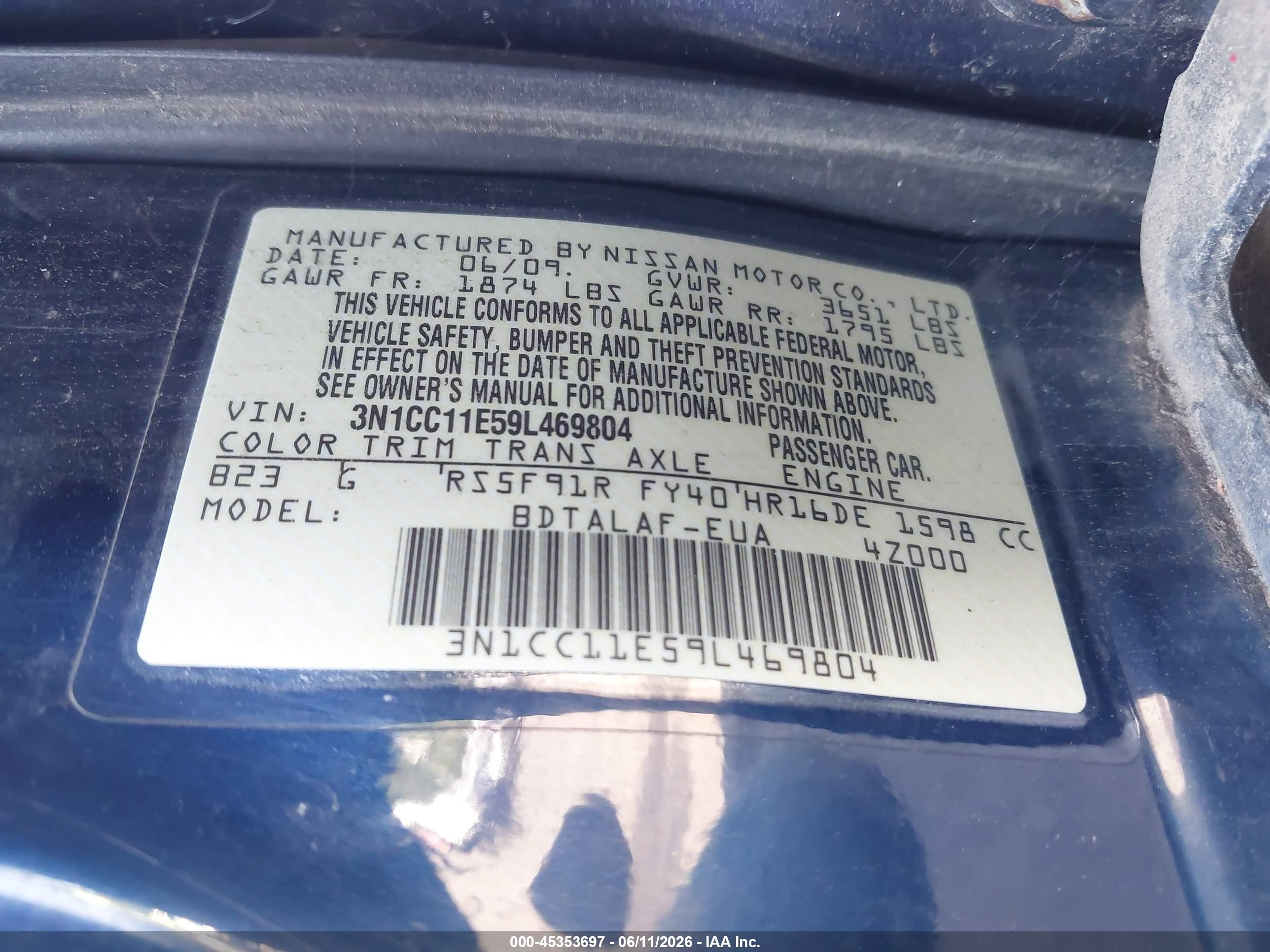 2009 Nissan Versa 1.6 Base Blue vin: 3N1CC11E59L469804