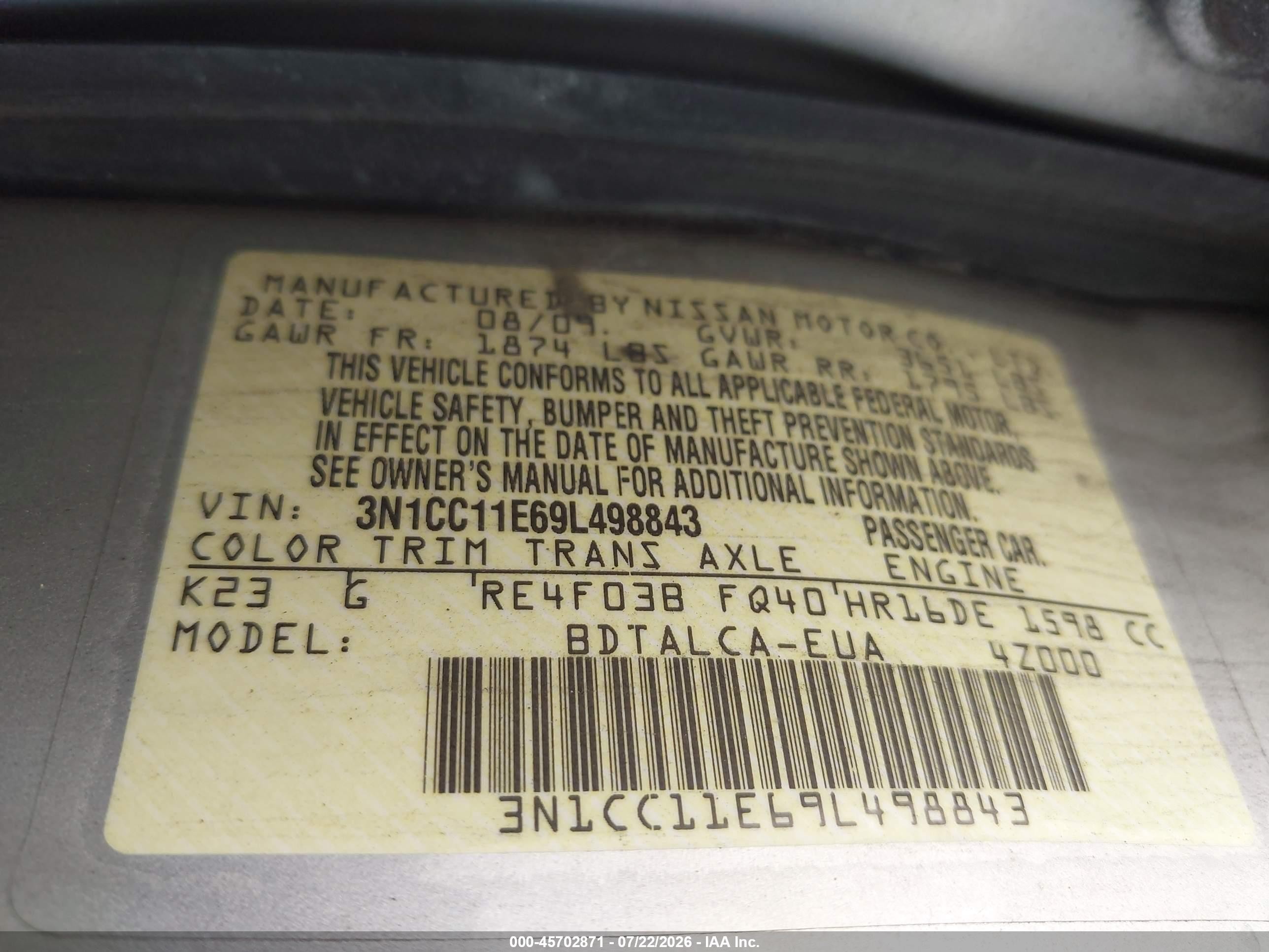 2009 Nissan Versa 1.6 Серый vin: 3N1CC11E69L498843