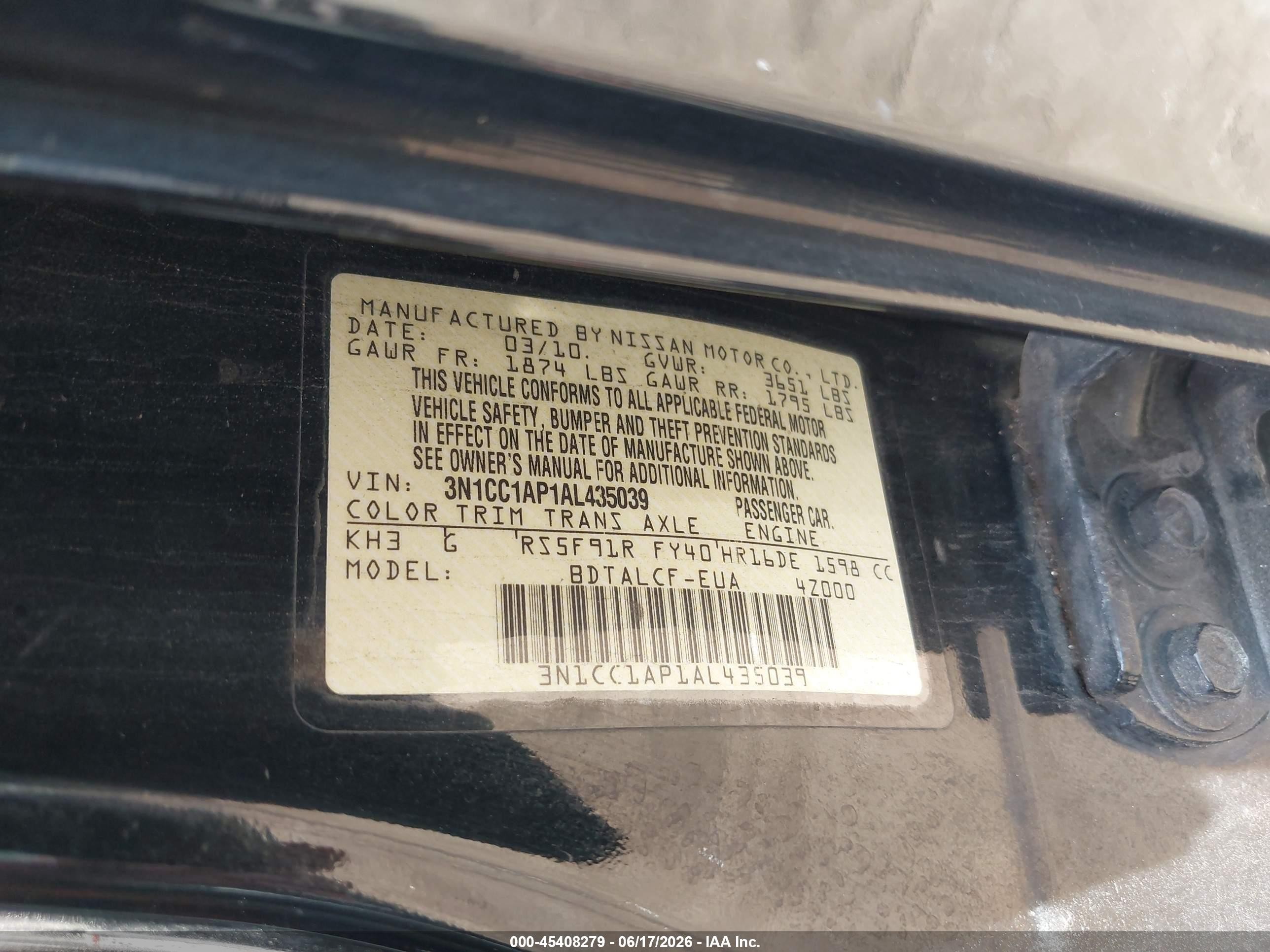 2010 Nissan Versa 1.6 Black vin: 3N1CC1AP1AL435039