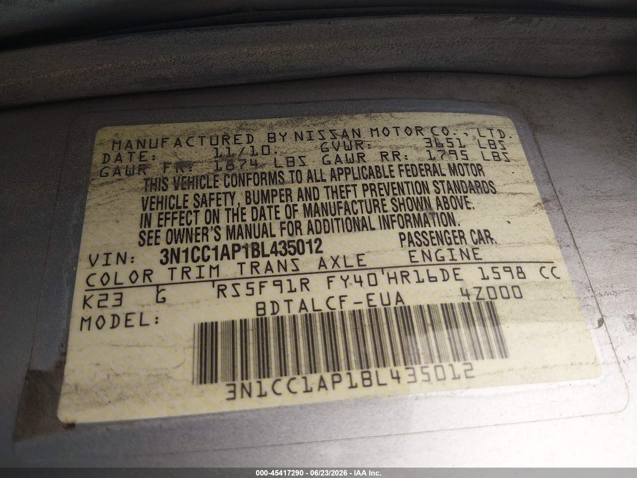 2011 Nissan Versa 1.6 Gray vin: 3N1CC1AP1BL435012