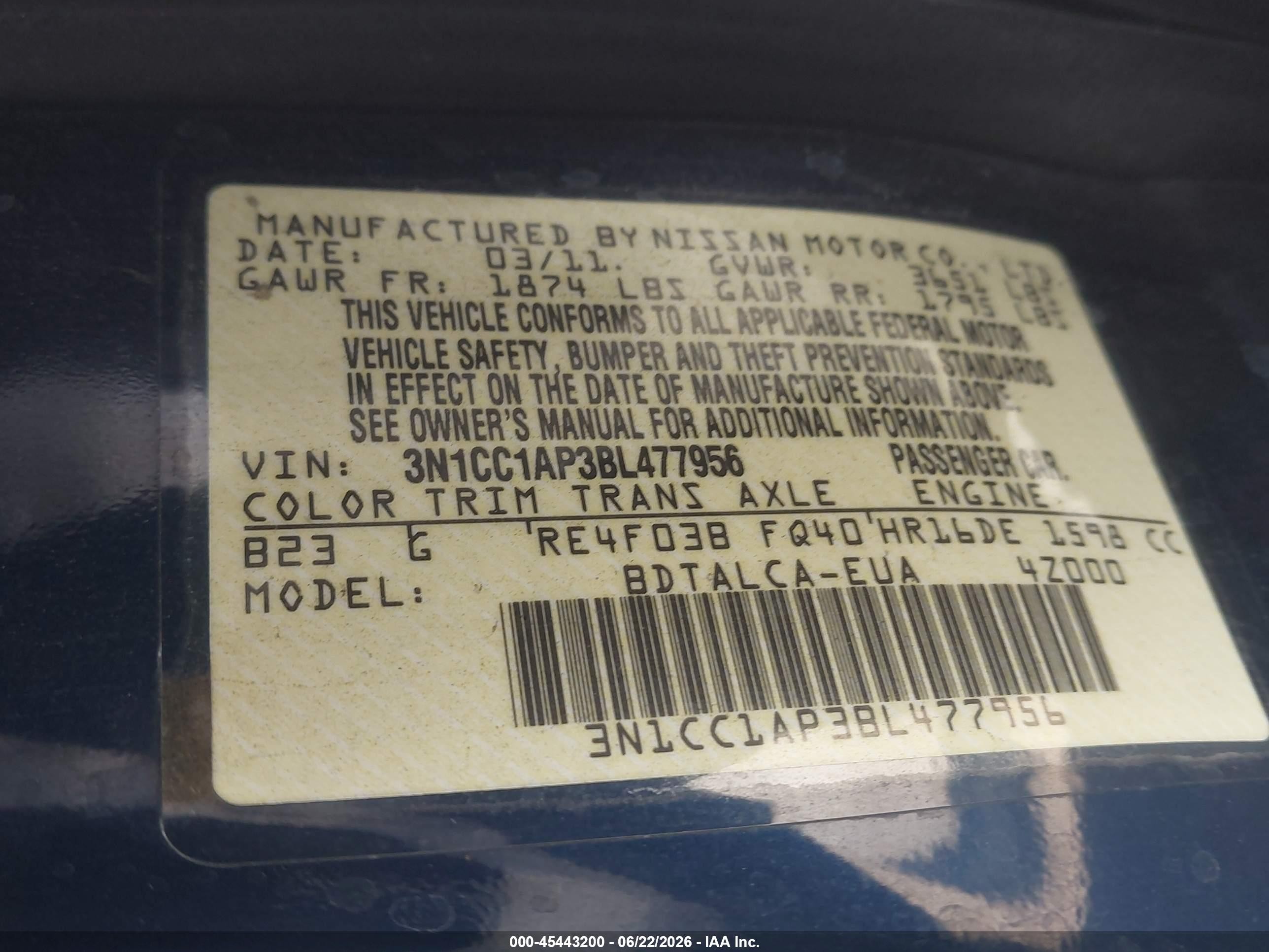 2011 Nissan Versa 1.6 Dark Blue vin: 3N1CC1AP3BL477956