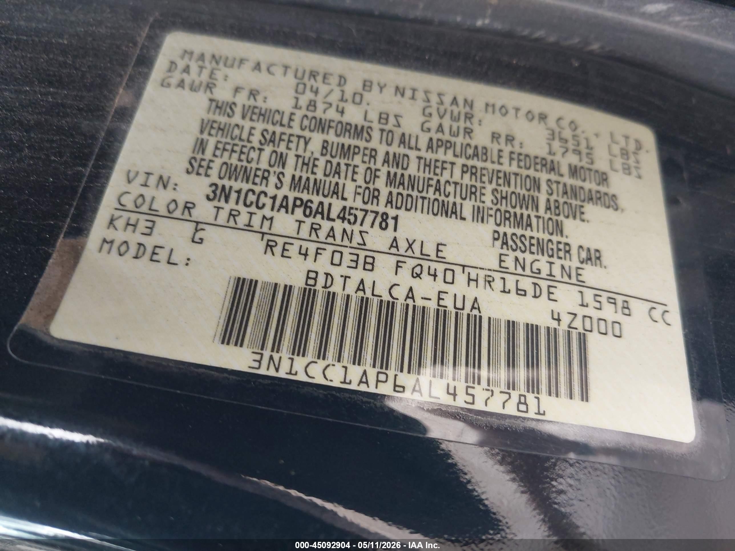 2010 Nissan Versa 1.6 Black vin: 3N1CC1AP6AL457781