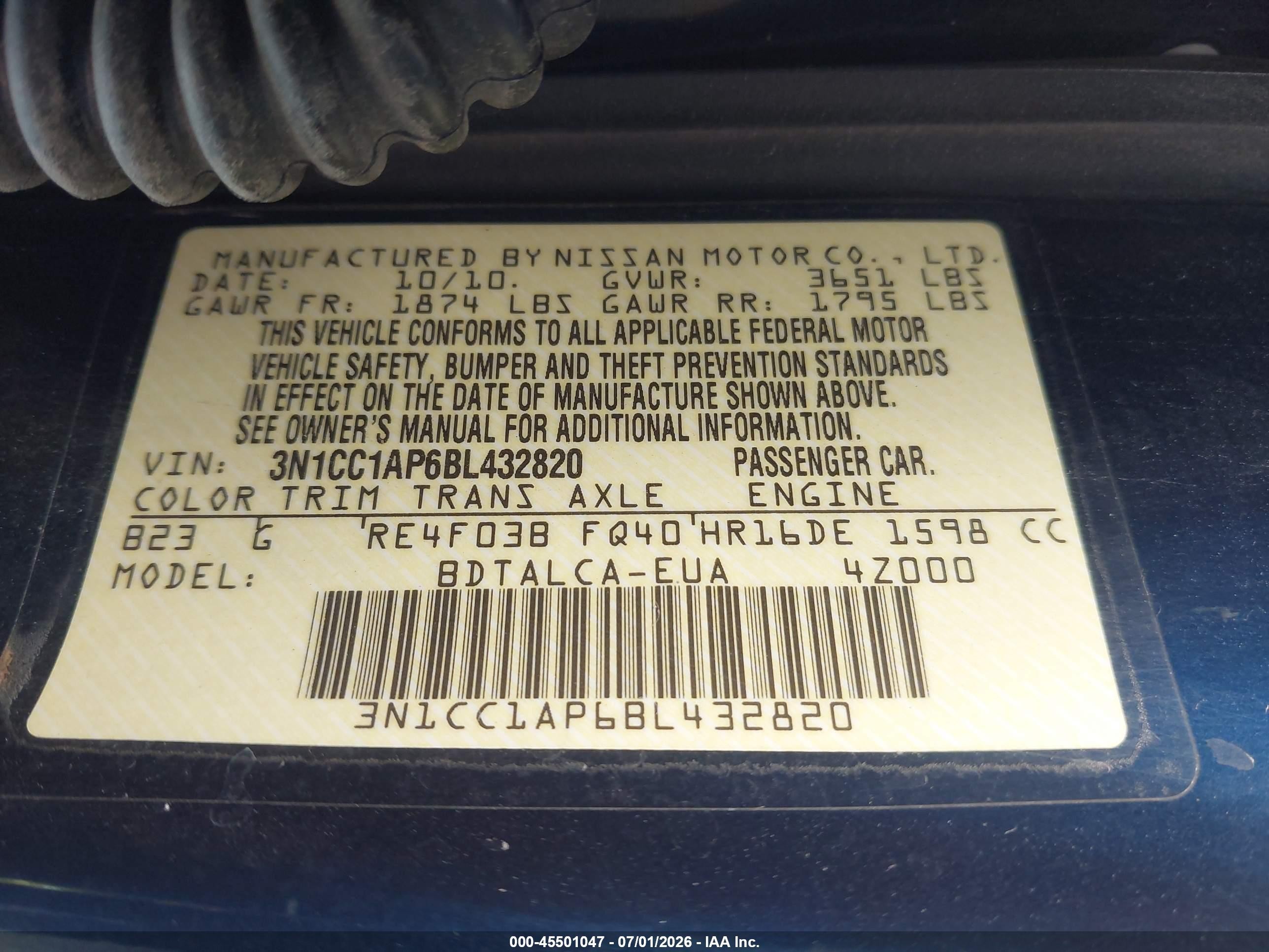 2011 Nissan Versa 1.6 Blue vin: 3N1CC1AP6BL432820