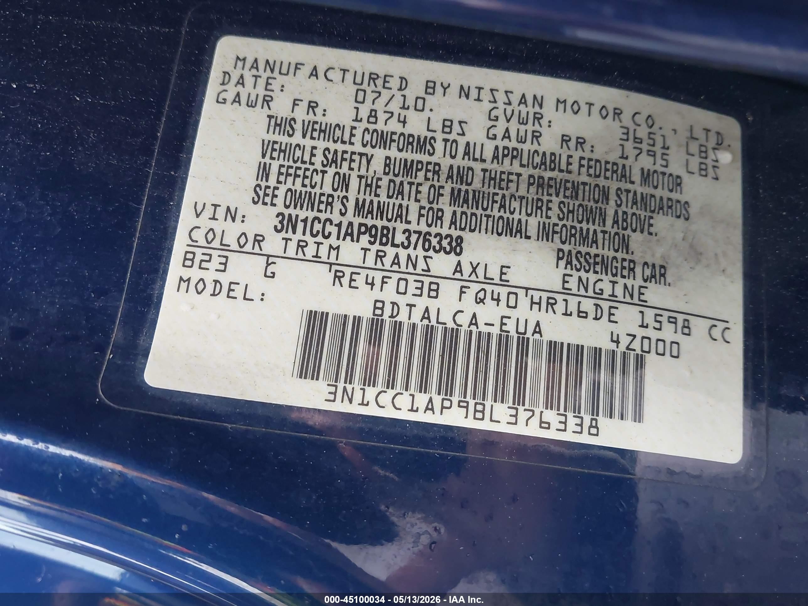 2011 Nissan Versa 1.6 Dark Blue vin: 3N1CC1AP9BL376338