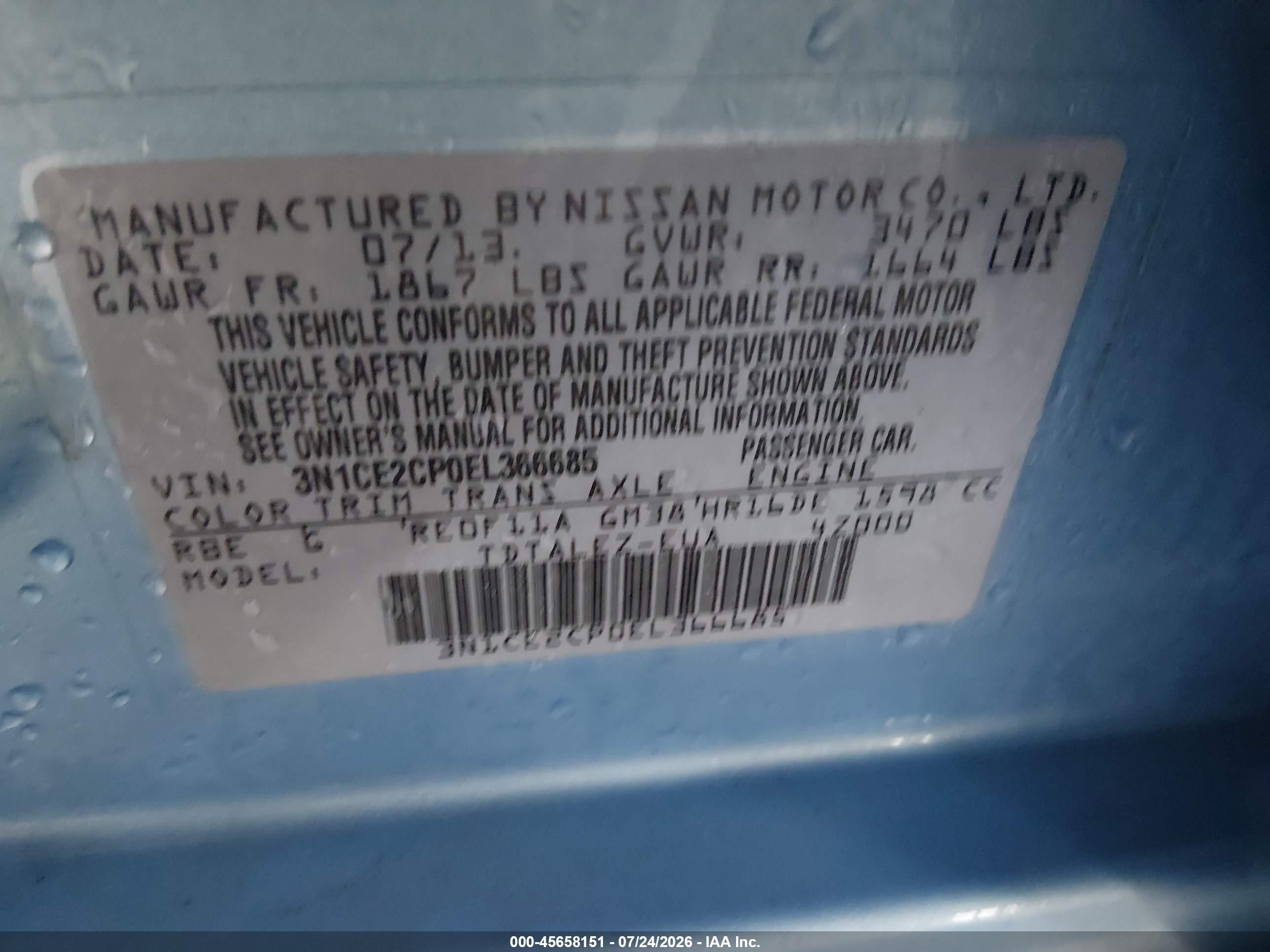 2014 Nissan Versa Note Sv Blue vin: 3N1CE2CP0EL366685