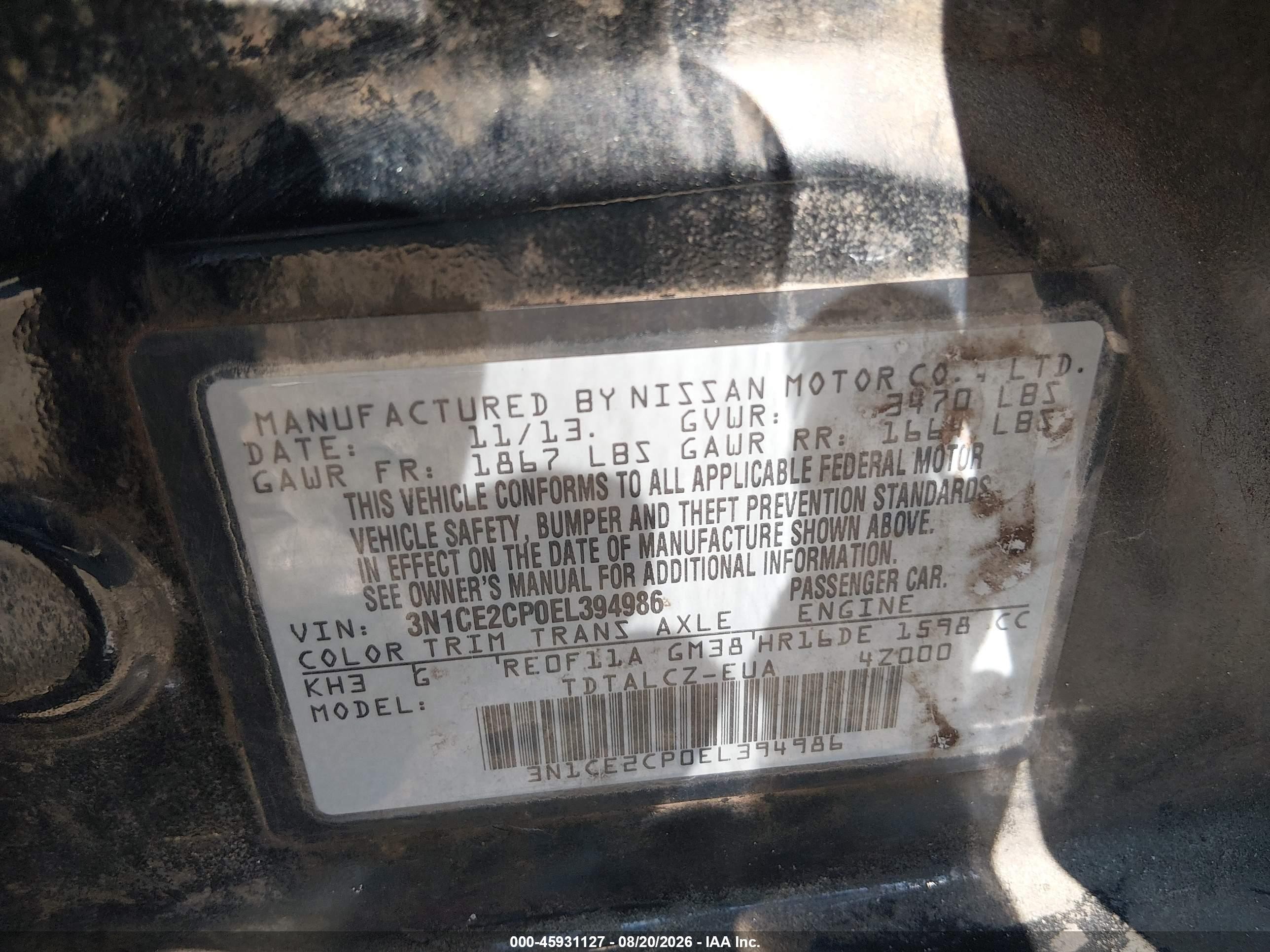 2014 Nissan Versa Note S Plus Black vin: 3N1CE2CP0EL394986