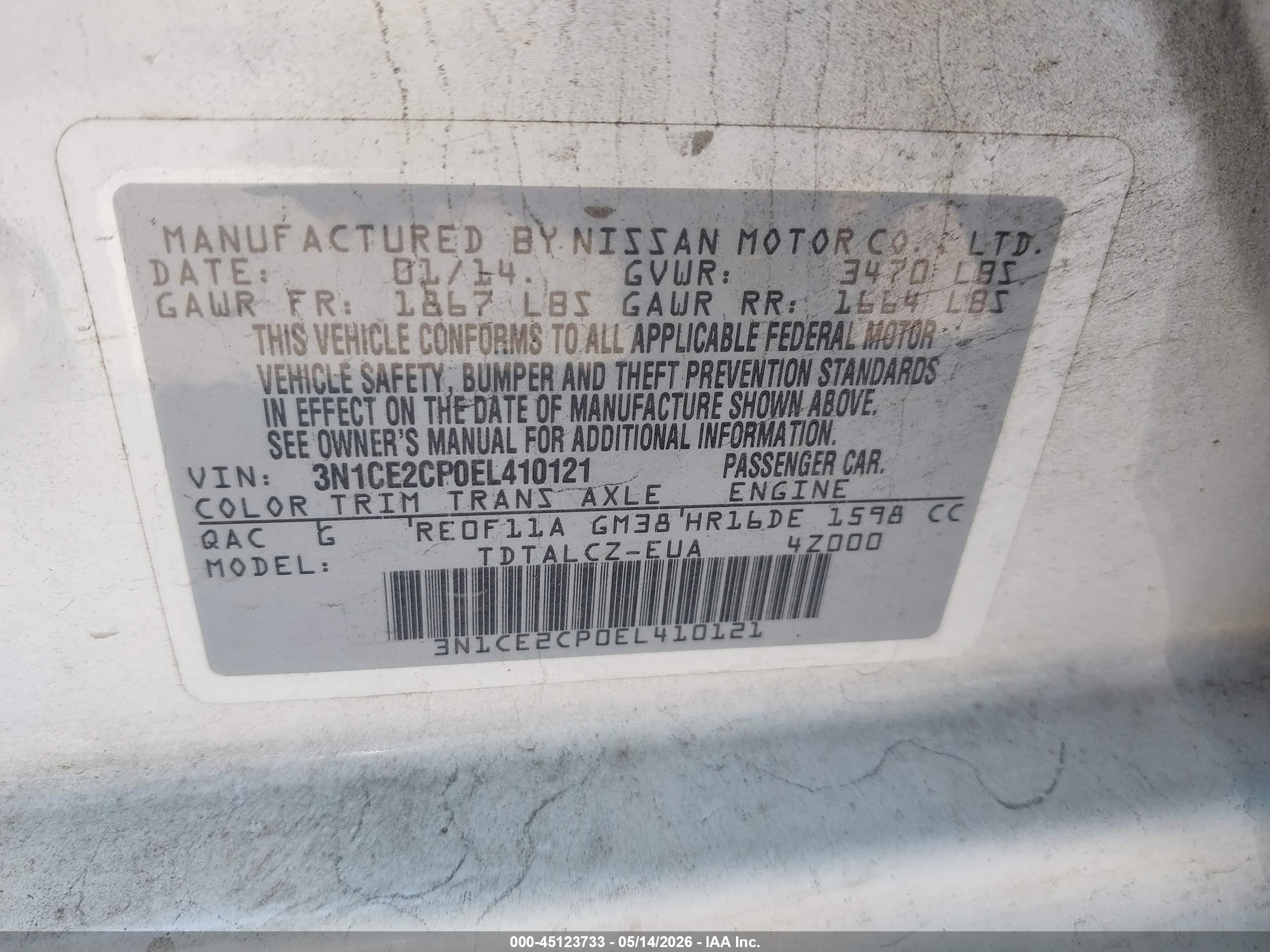 2014 Nissan Versa Note S Plus White vin: 3N1CE2CP0EL410121