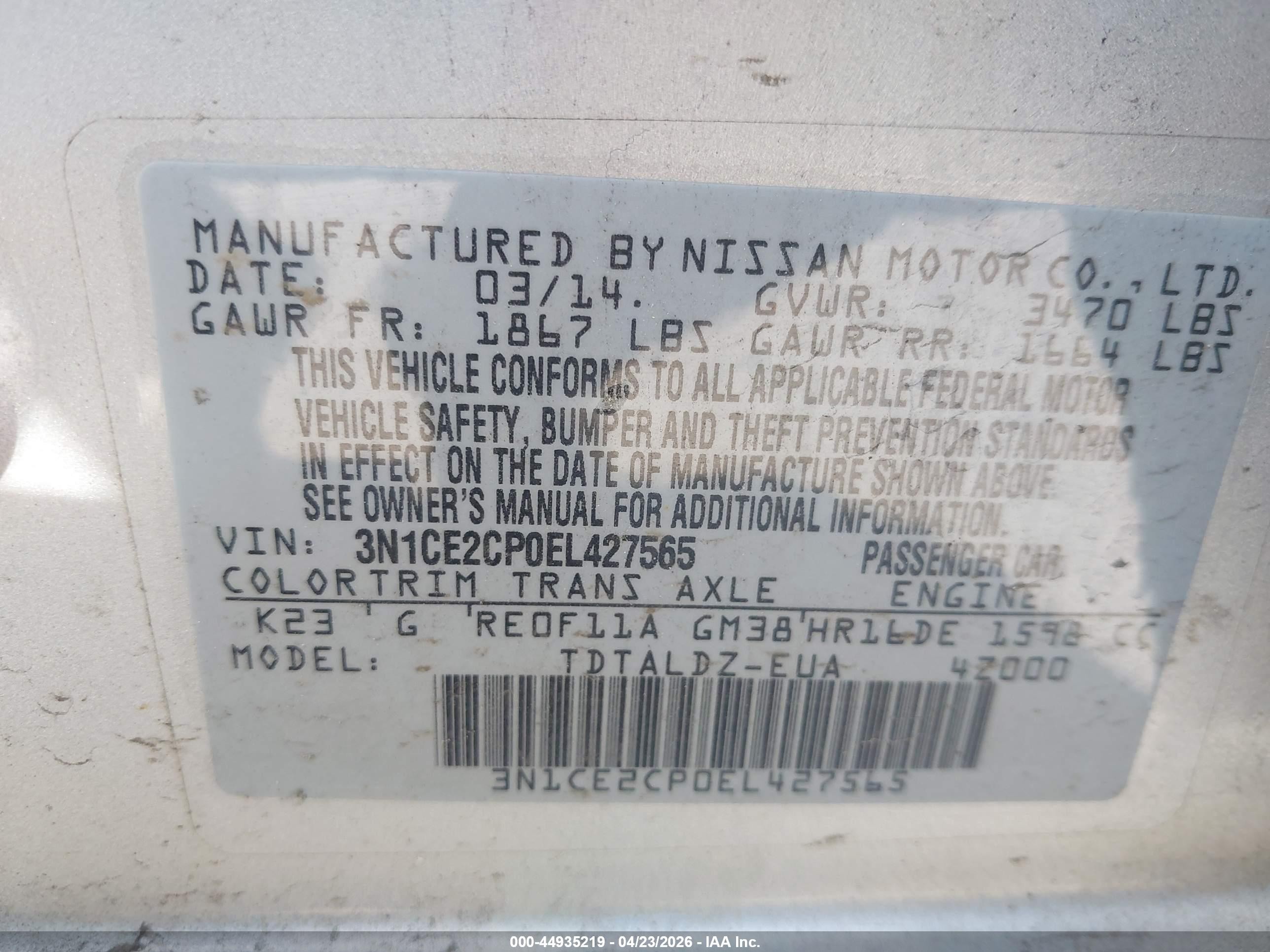 2014 Nissan Versa Note Sv Silver vin: 3N1CE2CP0EL427565