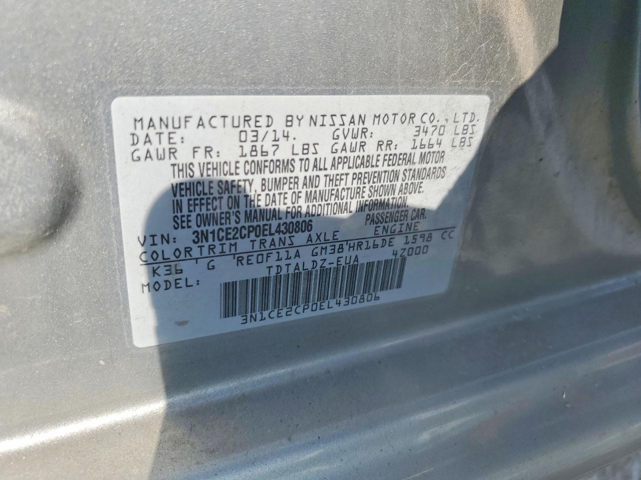 2014 Nissan Versa Note Sv Silver vin: 3N1CE2CP0EL430806