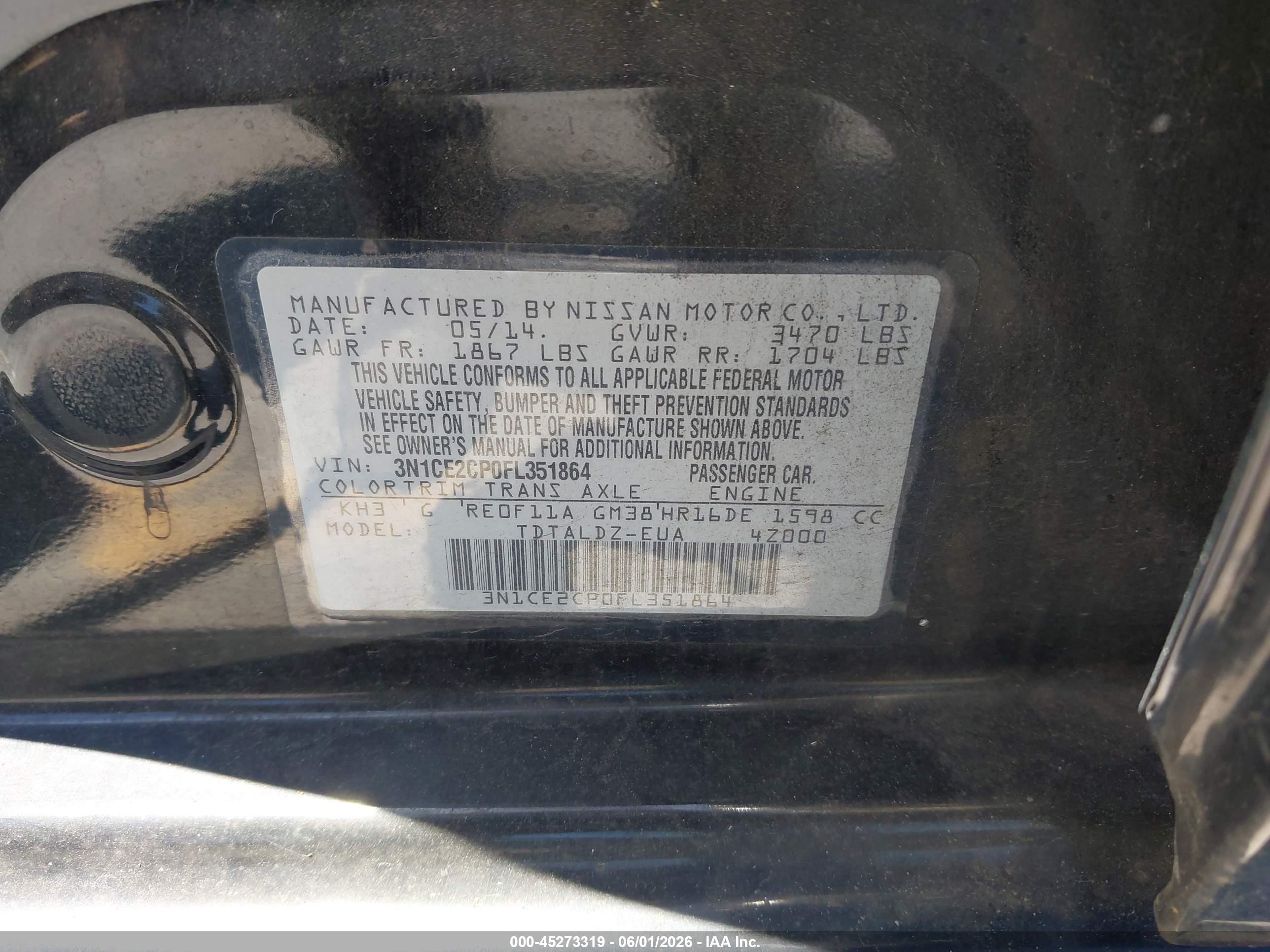 2015 Nissan Versa Note S (sr)/s Plus/sl/sr/sv Black vin: 3N1CE2CP0FL351864