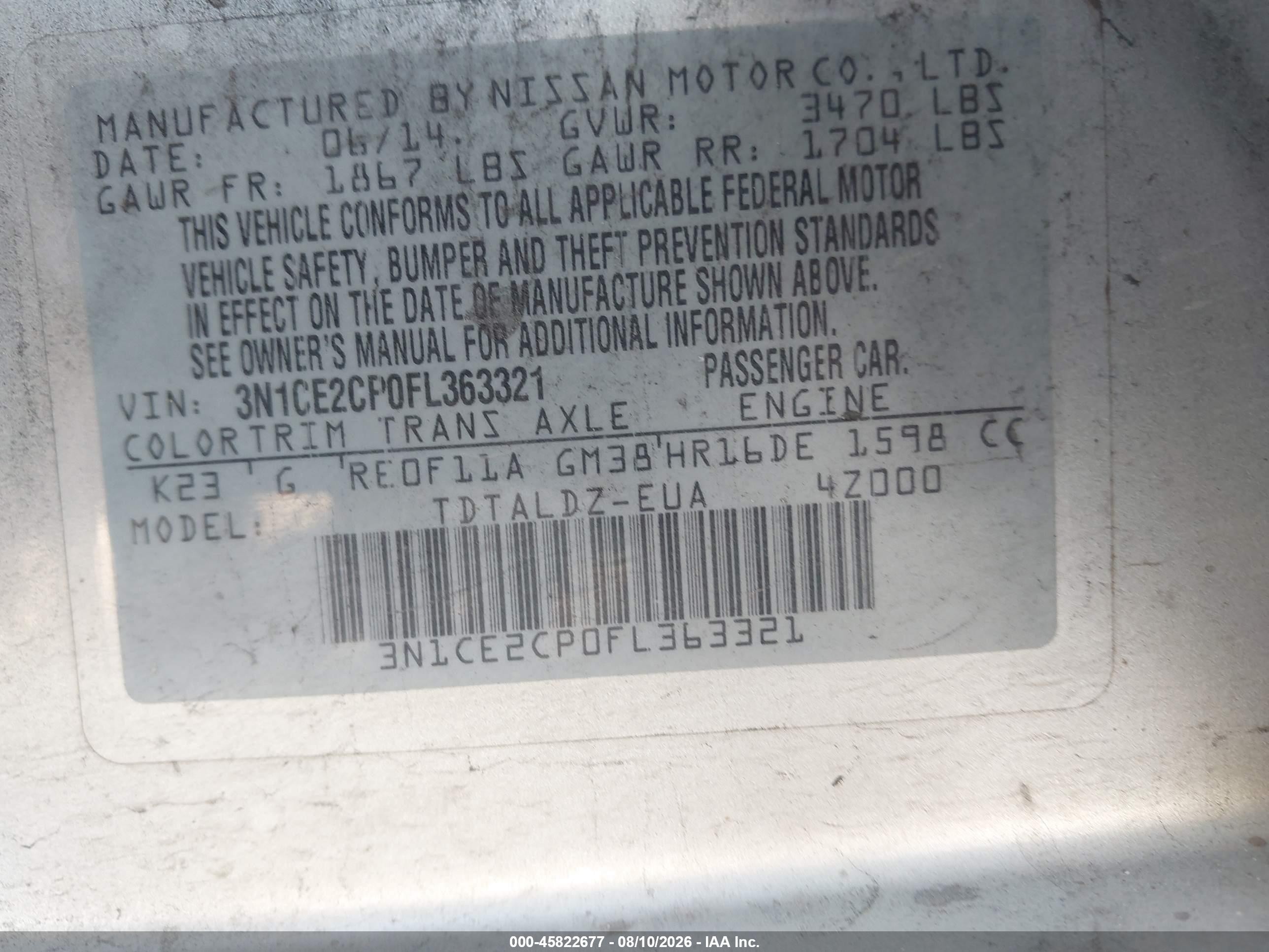 2015 Nissan Versa Note S (sr)/s Plus/sl/sr/sv Silver vin: 3N1CE2CP0FL363321