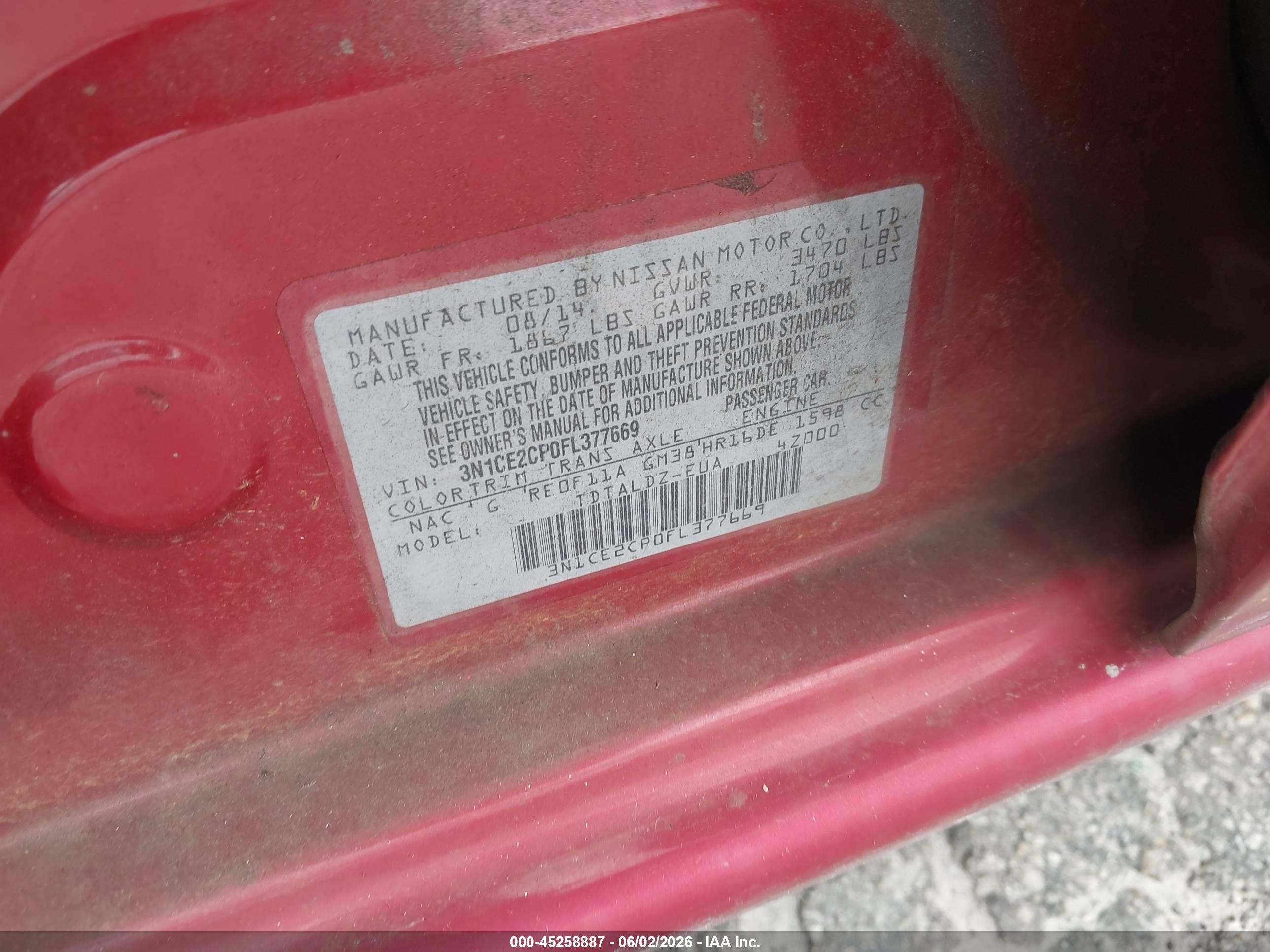 2015 Nissan Versa Note Sv Red vin: 3N1CE2CP0FL377669