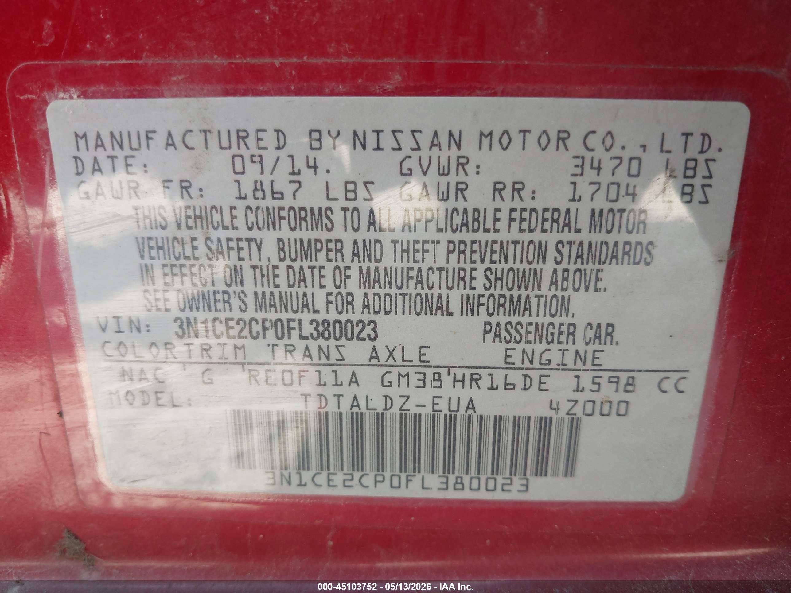 2015 Nissan Versa Note S (sr)/s Plus/sl/sr/sv Red vin: 3N1CE2CP0FL380023