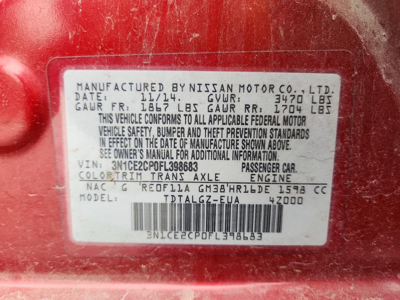 2015 Nissan Versa Note Sr Red vin: 3N1CE2CP0FL398683