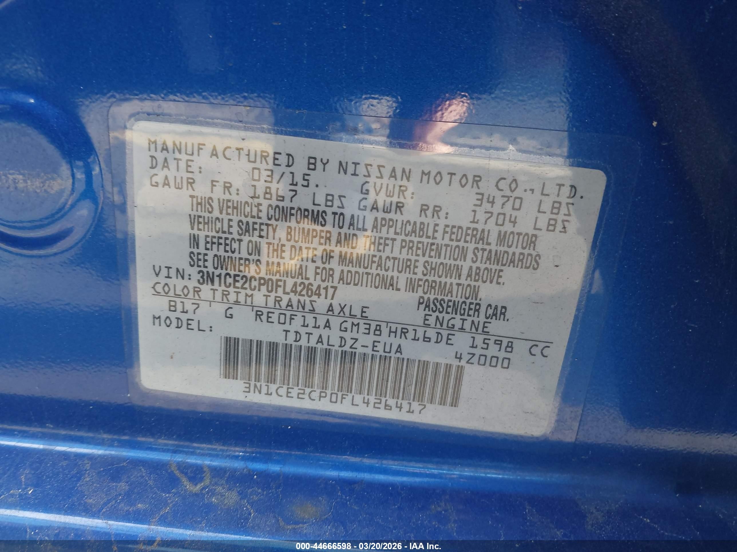 2015 Nissan Versa Note S (sr)/s Plus/sl/sr/sv Blue vin: 3N1CE2CP0FL426417