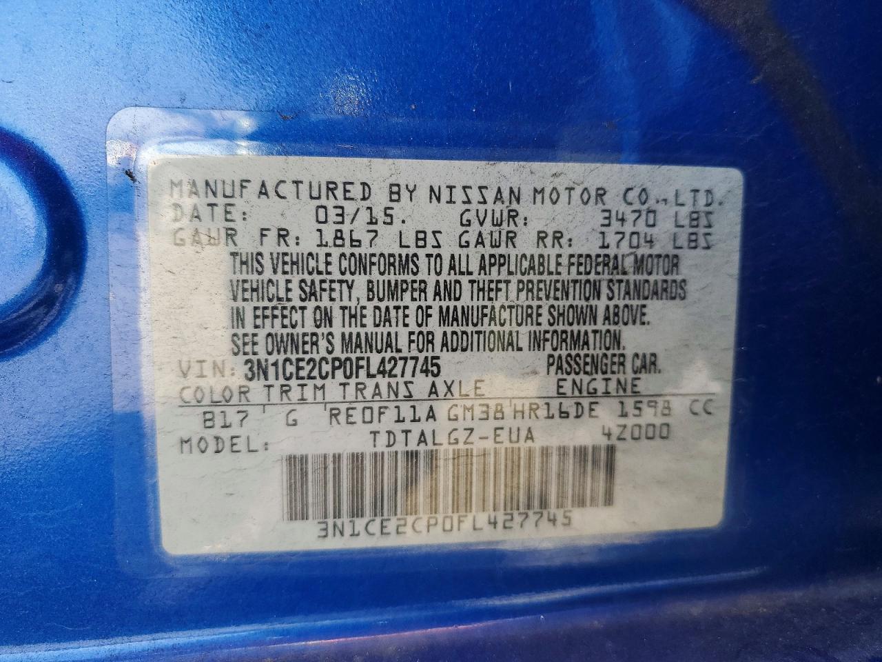 2015 Nissan Versa Note Sr Blue vin: 3N1CE2CP0FL427745