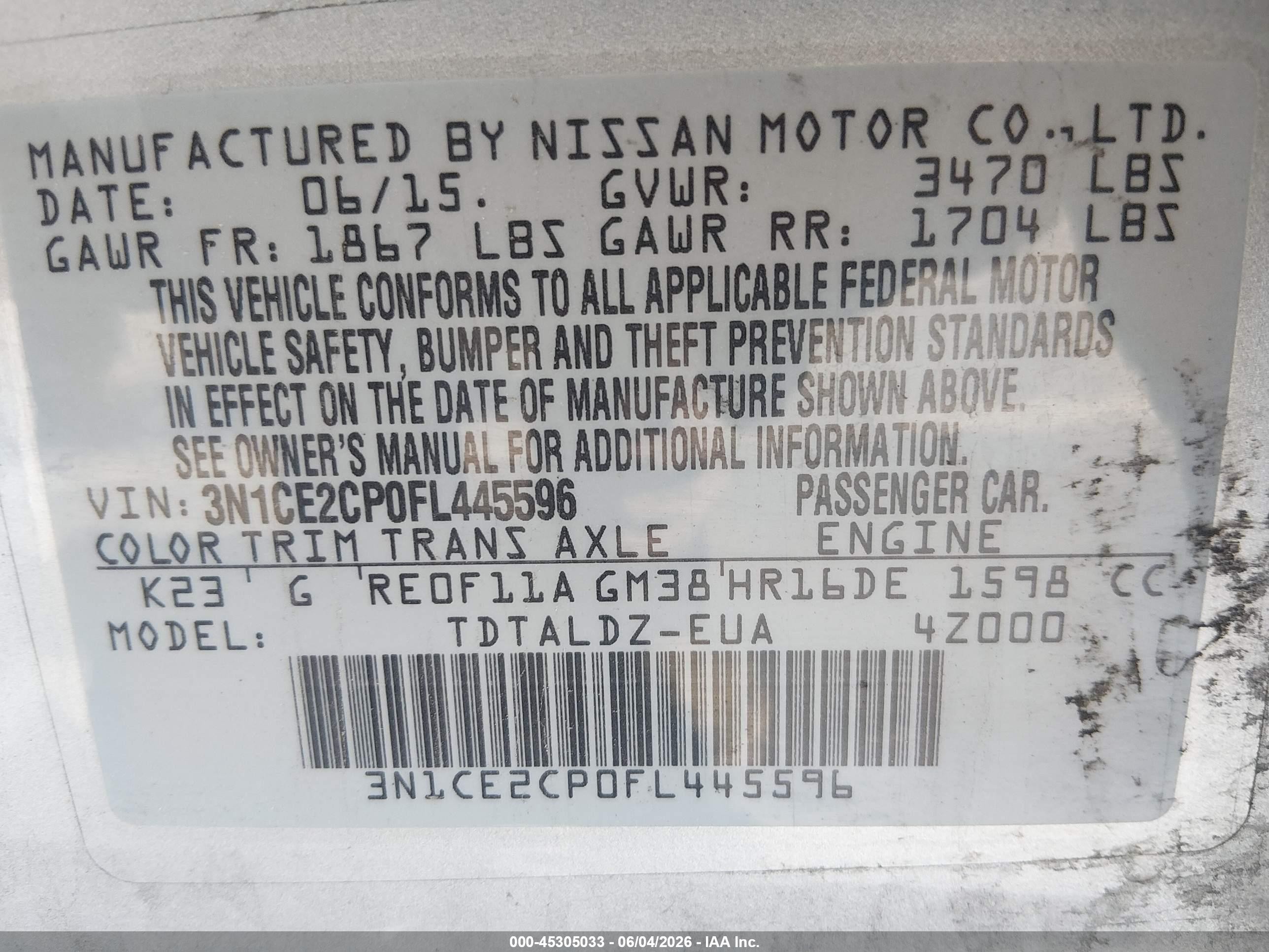 2015 Nissan Versa Note Sv Silver vin: 3N1CE2CP0FL445596