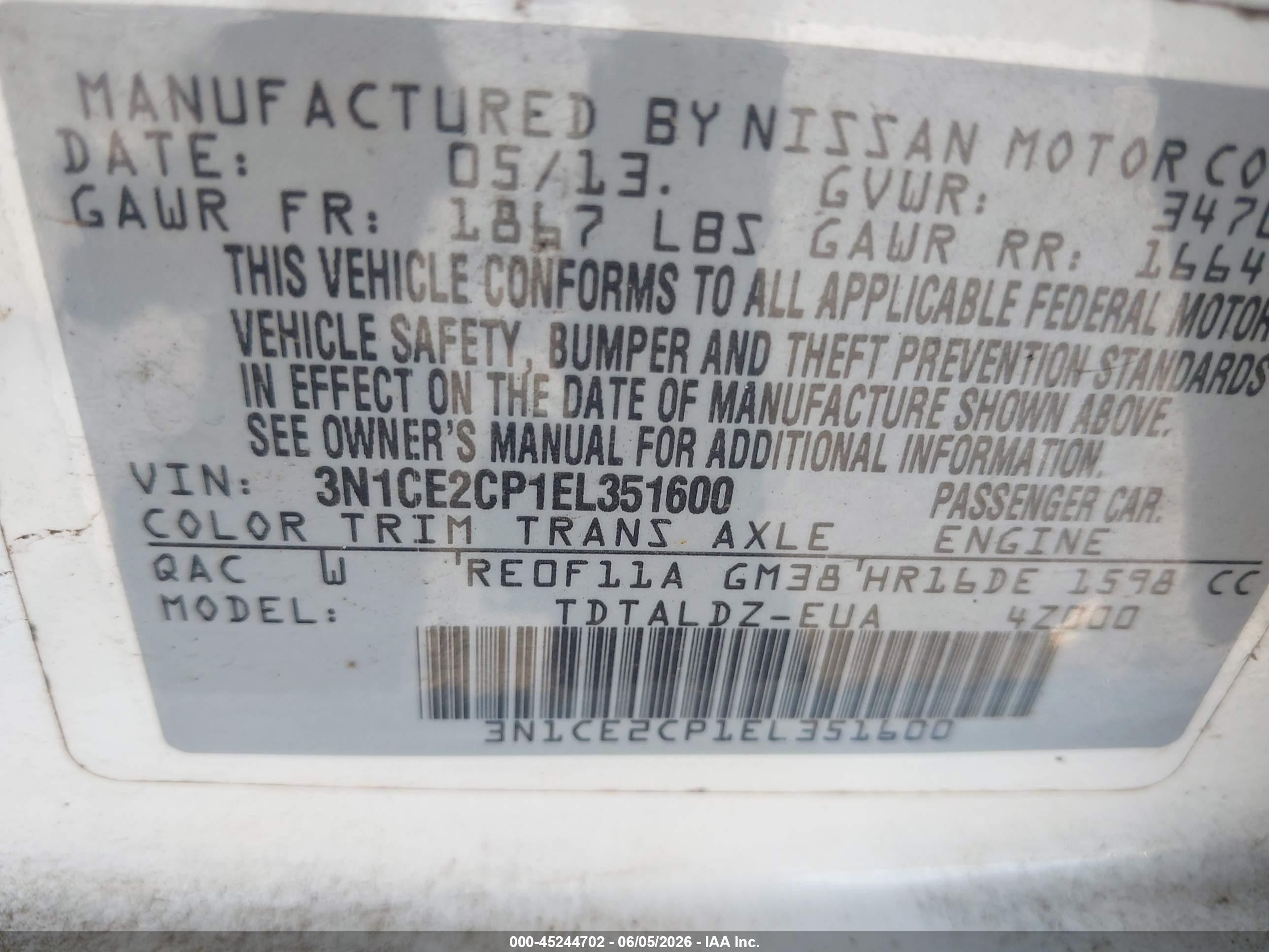 2014 Nissan Versa Note Sv White vin: 3N1CE2CP1EL351600
