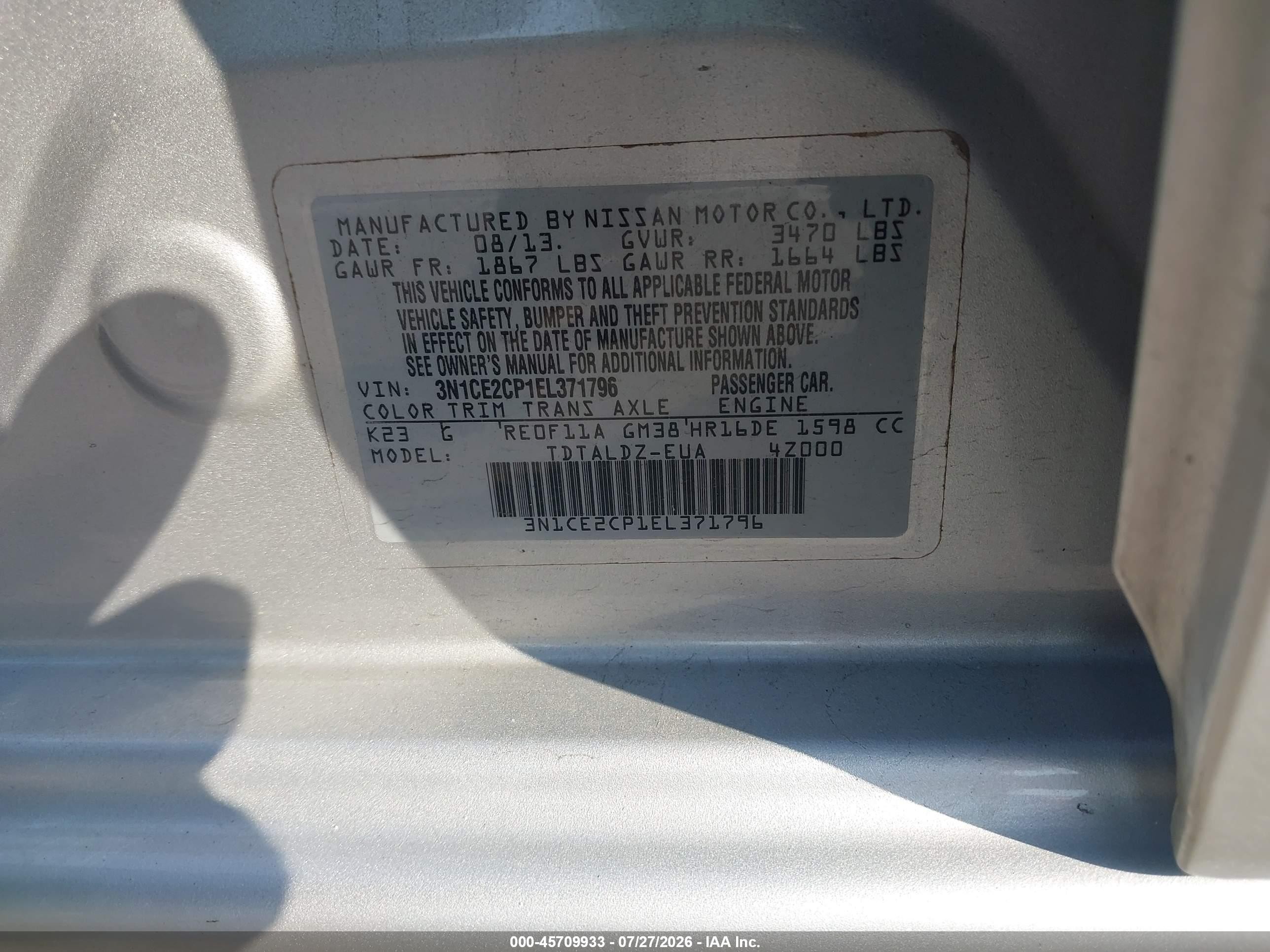 2014 Nissan Versa Note Sv Silver vin: 3N1CE2CP1EL371796