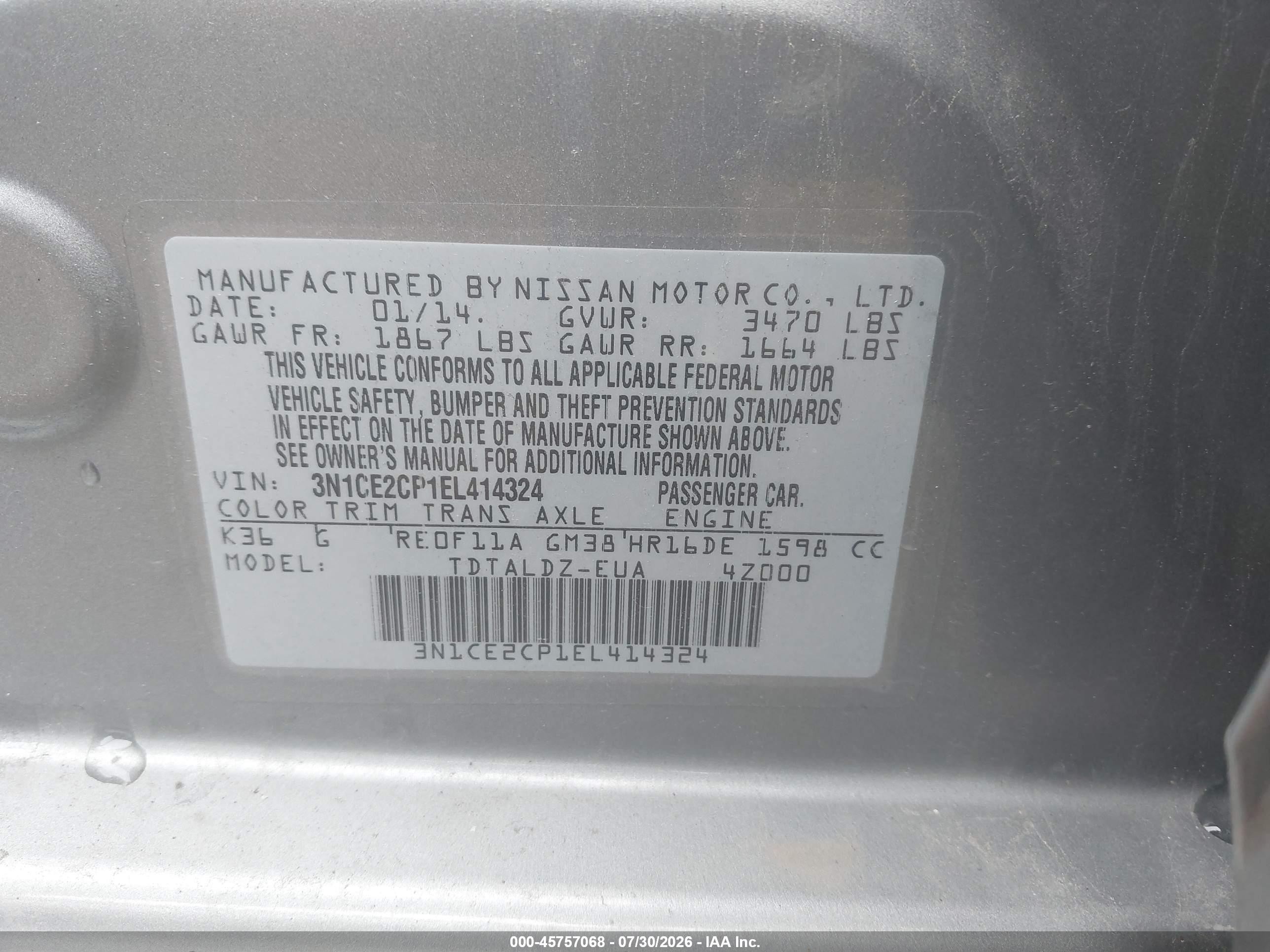 2014 Nissan Versa Note Sv Gray vin: 3N1CE2CP1EL414324