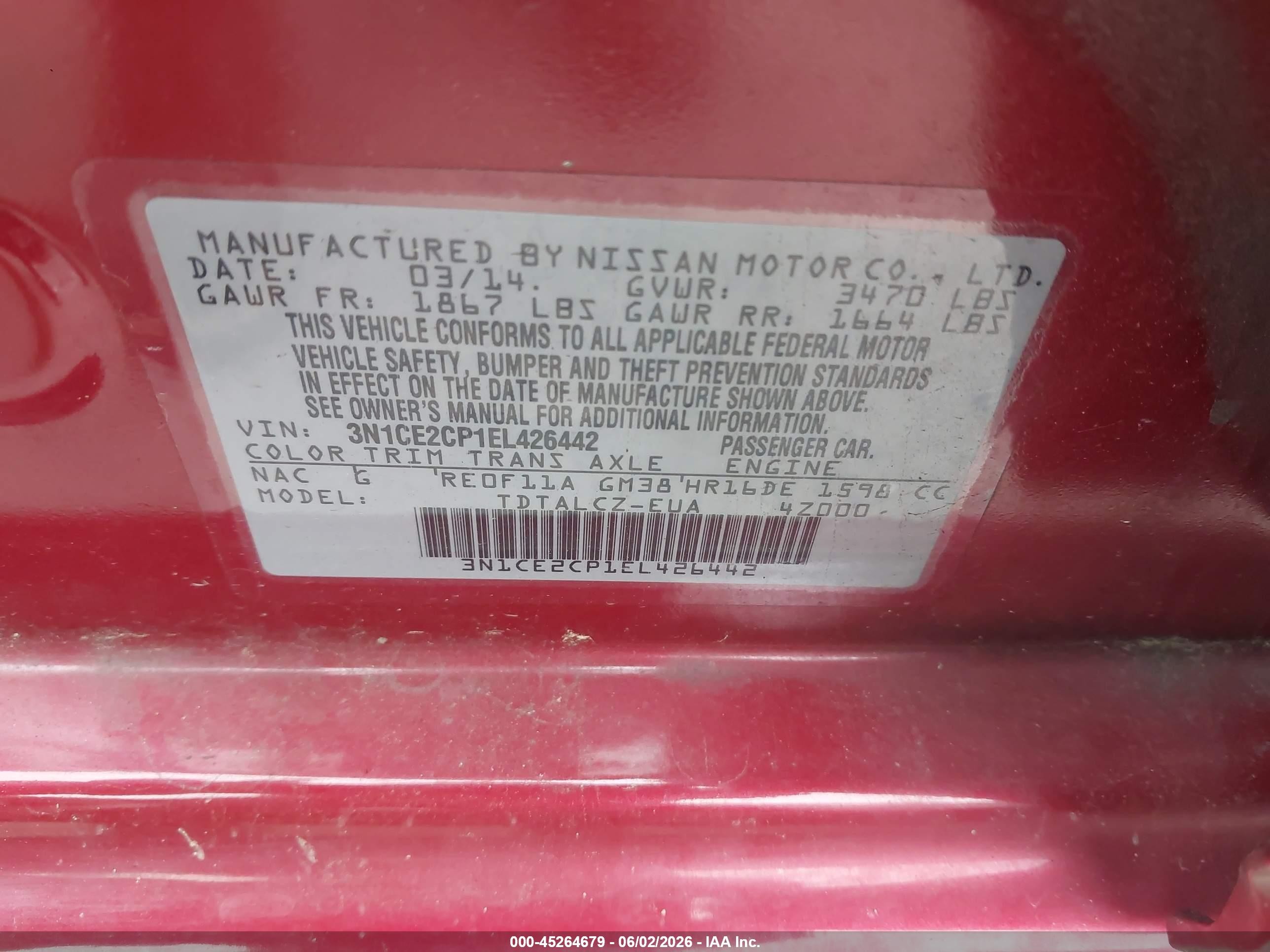 2014 Nissan Versa Note S Plus Red vin: 3N1CE2CP1EL426442