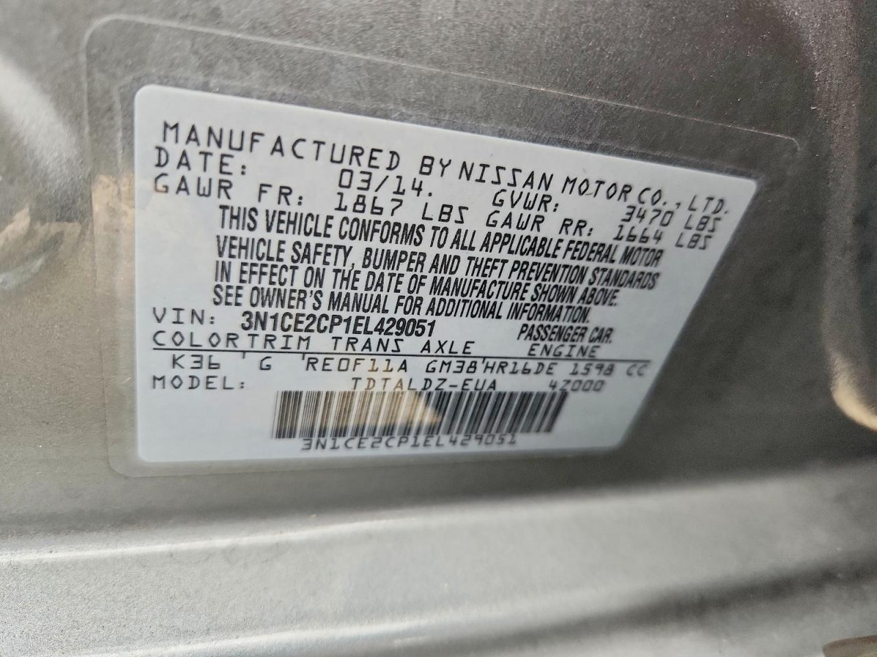 2014 Nissan Versa Note Sv Gray vin: 3N1CE2CP1EL429051