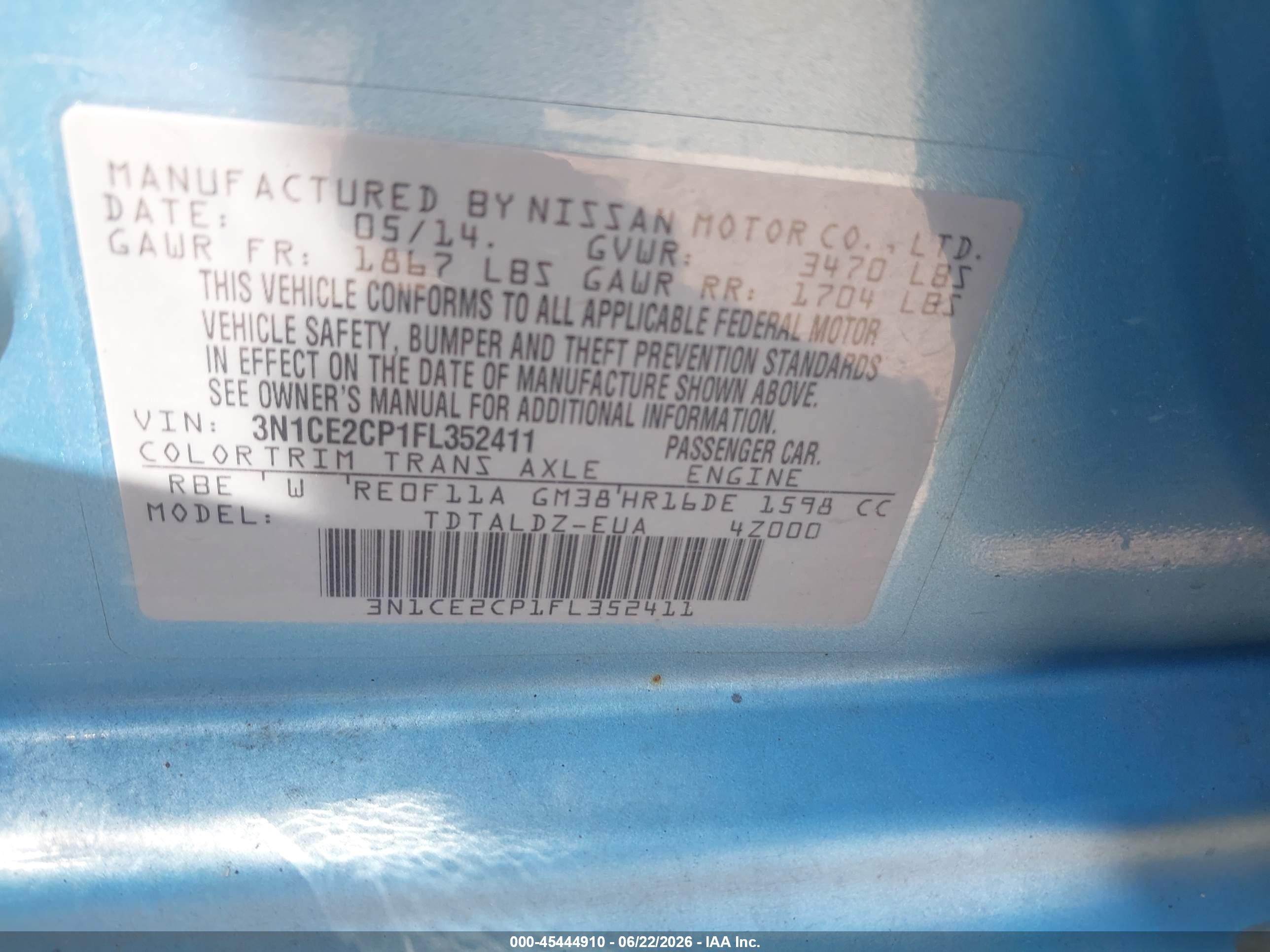 2015 Nissan Versa Note S (sr)/s Plus/sl/sr/sv Teal vin: 3N1CE2CP1FL352411