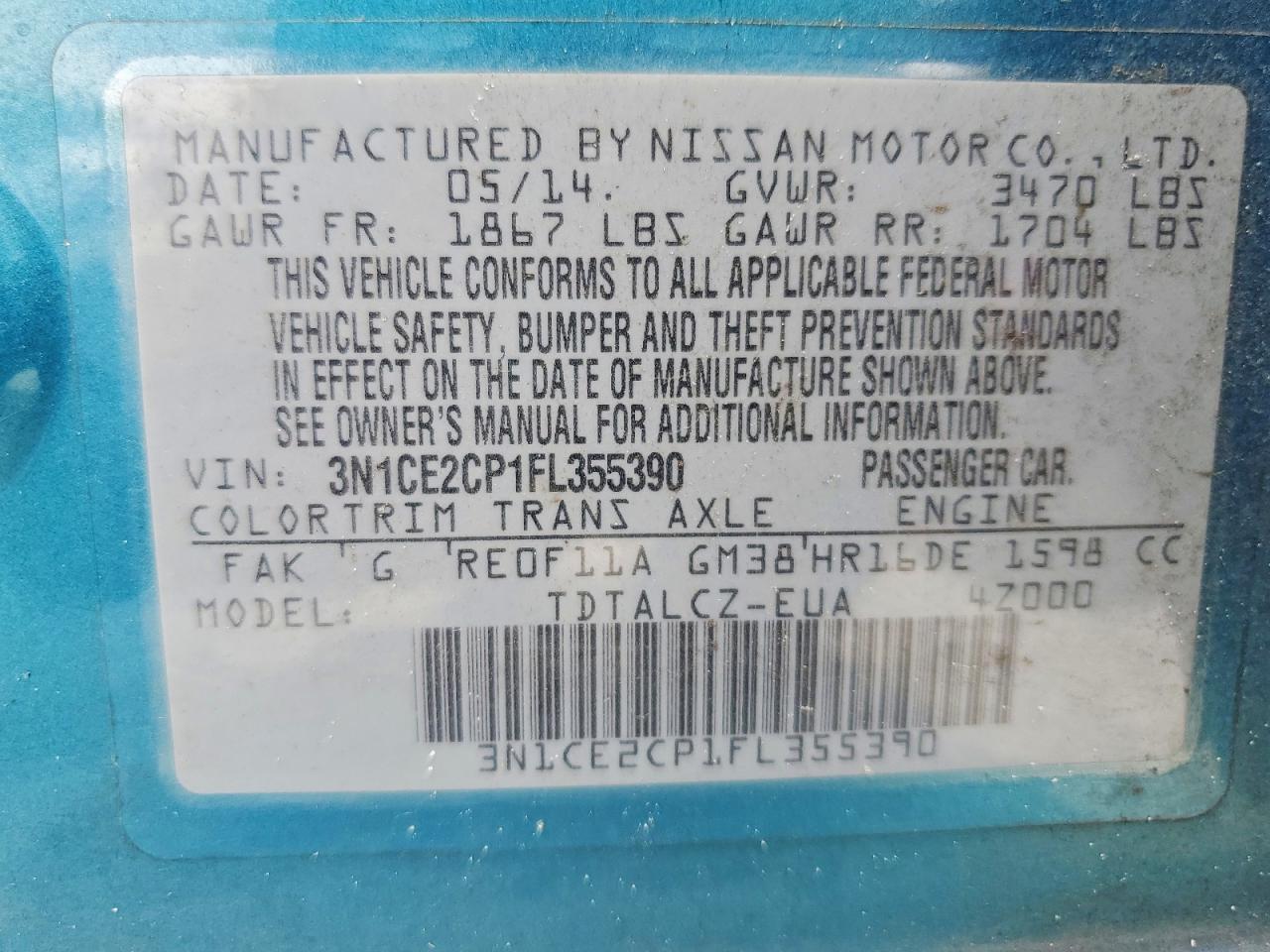 2015 Nissan Versa Note S Plus Бирюзовый vin: 3N1CE2CP1FL355390