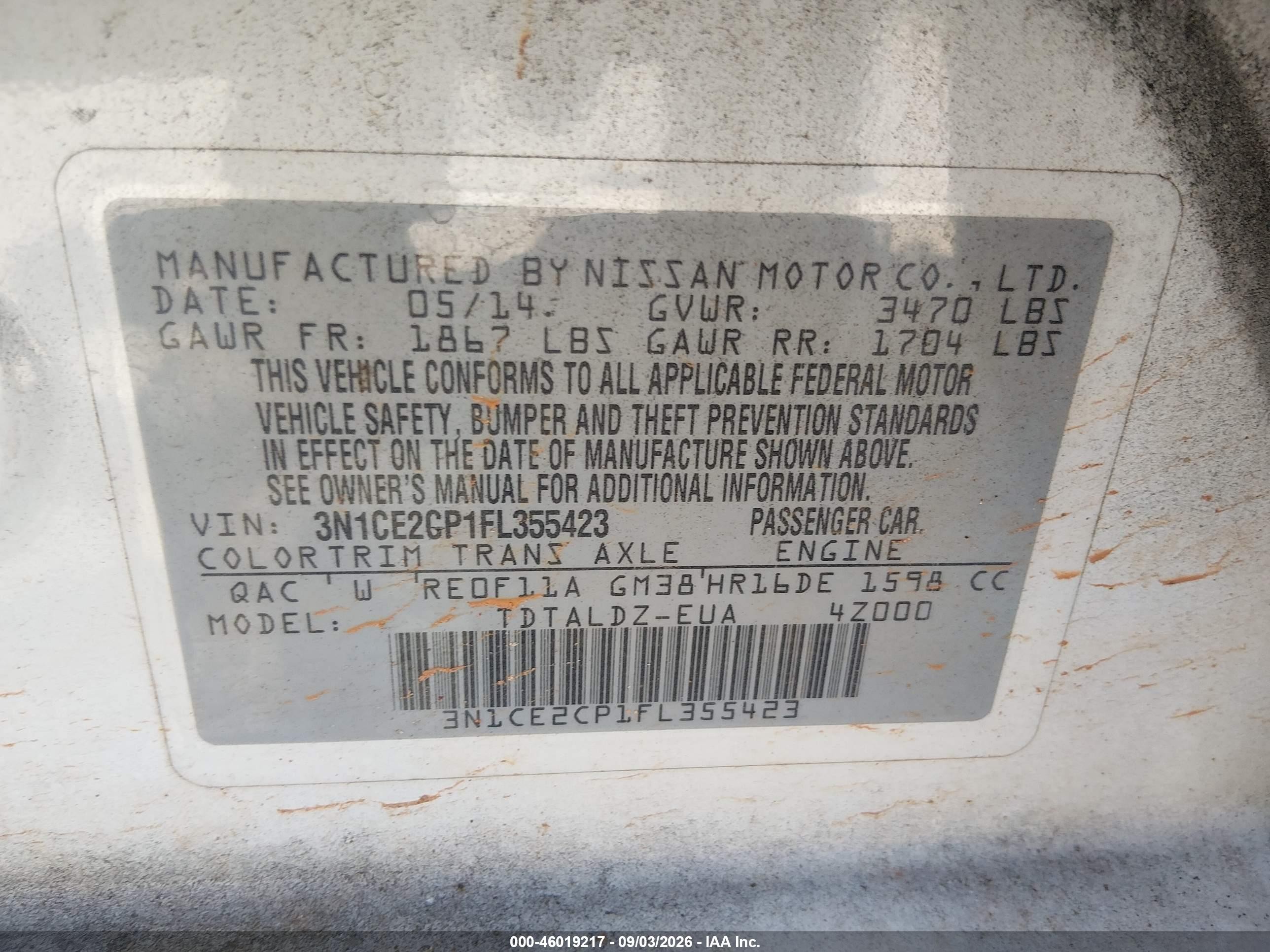 2015 Nissan Versa Note S (sr)/s Plus/sl/sr/sv White vin: 3N1CE2CP1FL355423