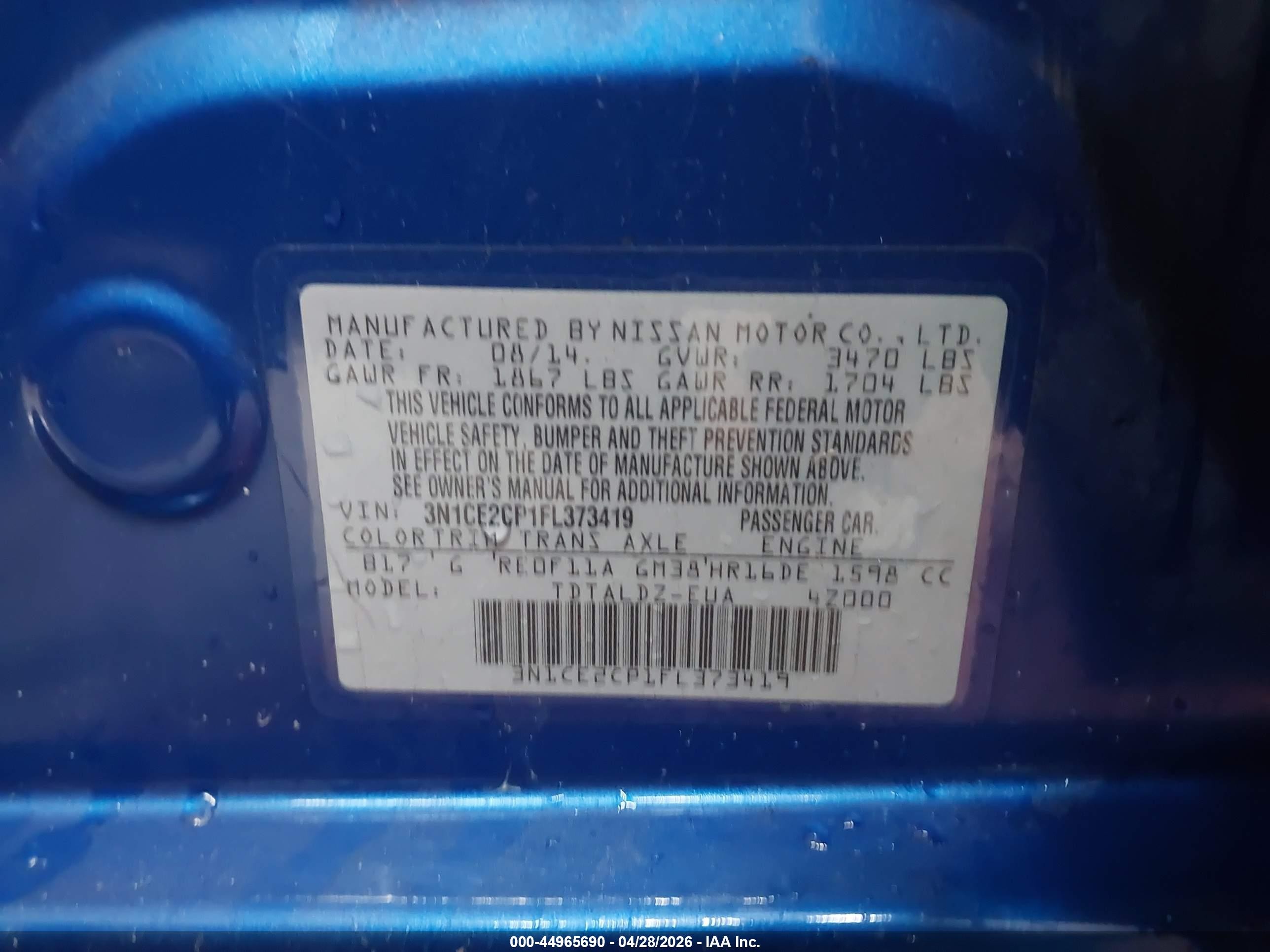 2015 Nissan Versa Note S (sr)/s Plus/sl/sr/sv Blue vin: 3N1CE2CP1FL373419