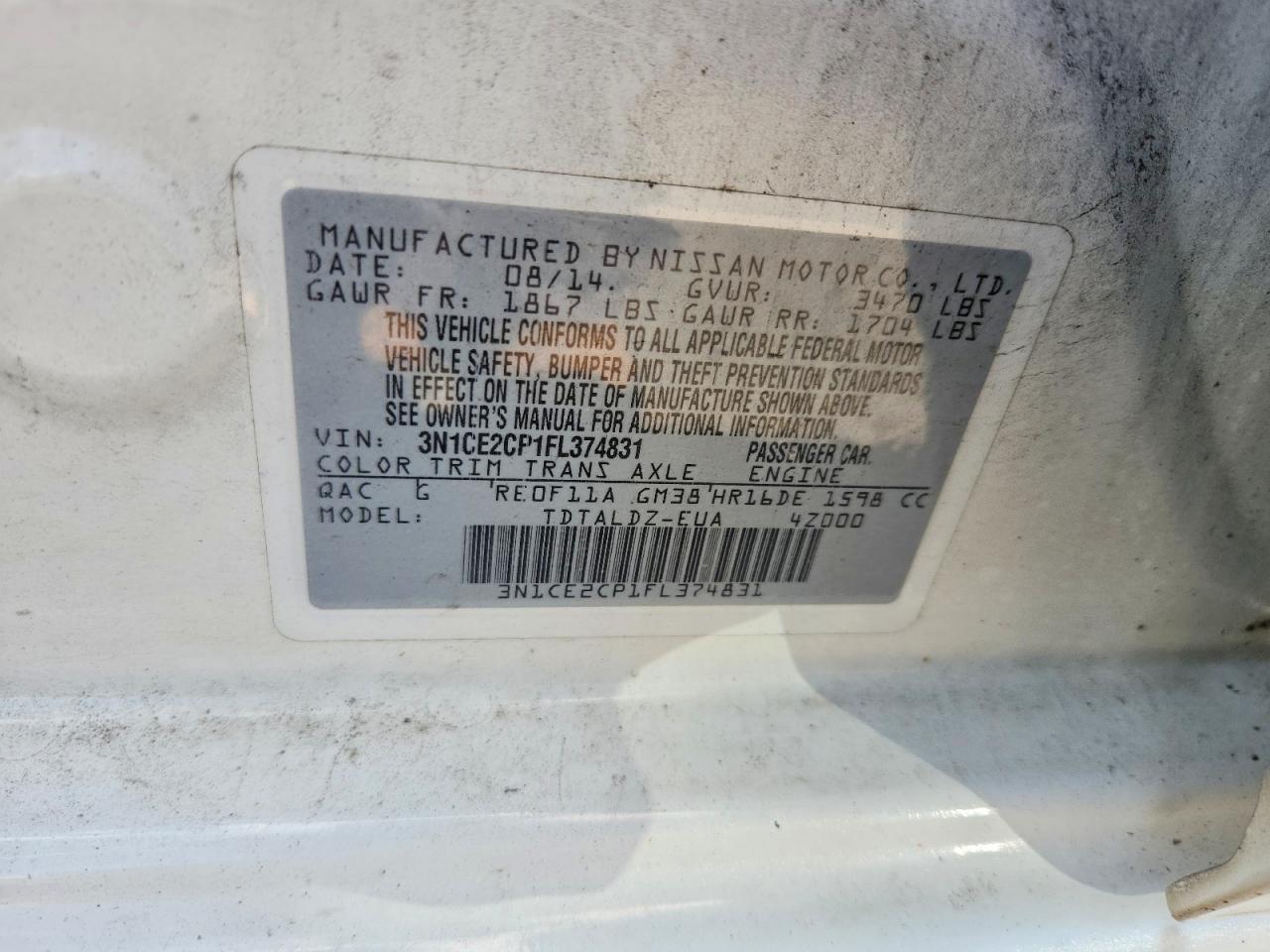 2015 Nissan Versa Note Sv White vin: 3N1CE2CP1FL374831