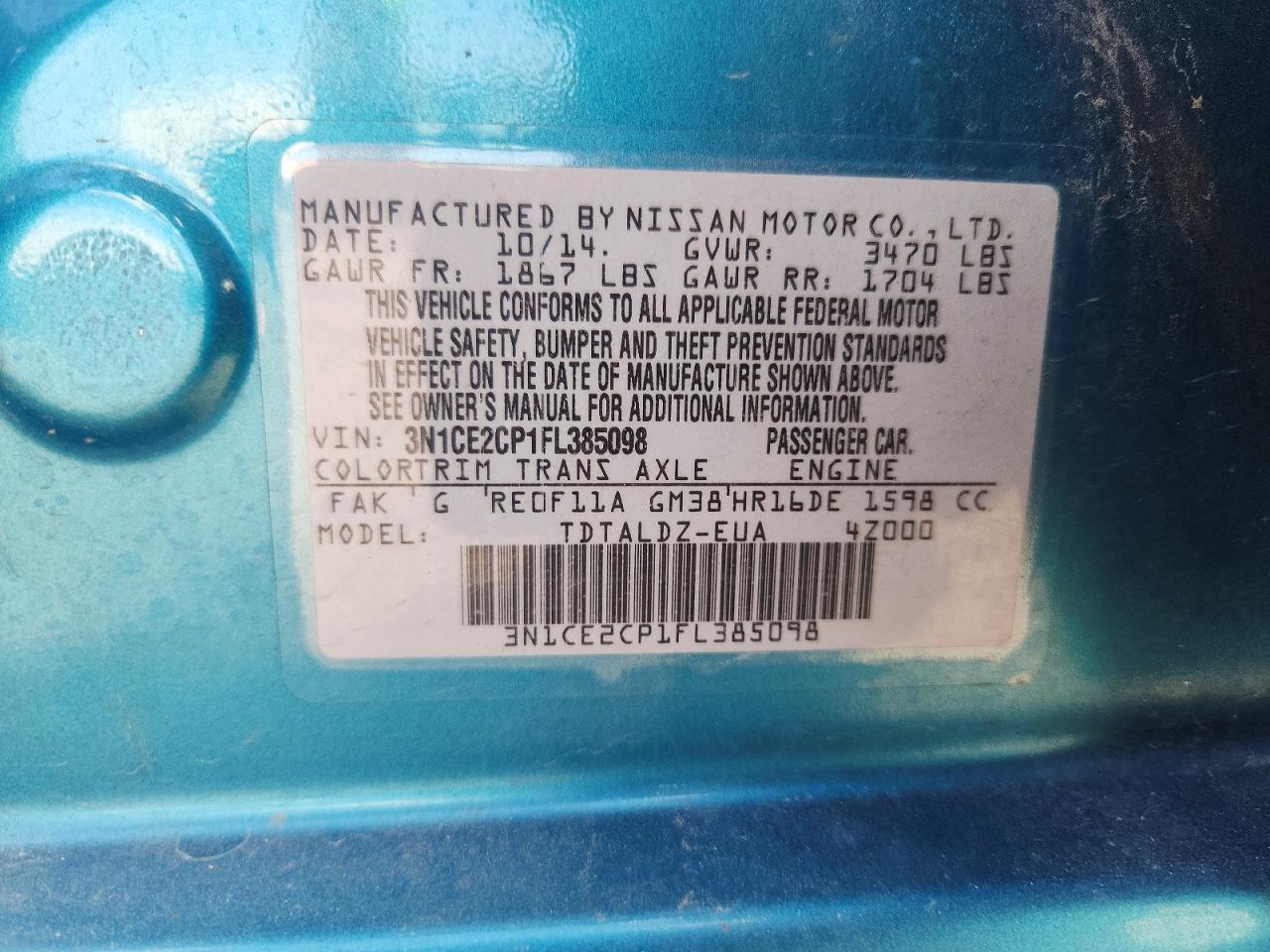 2015 Nissan Versa Note Sv Teal vin: 3N1CE2CP1FL385098