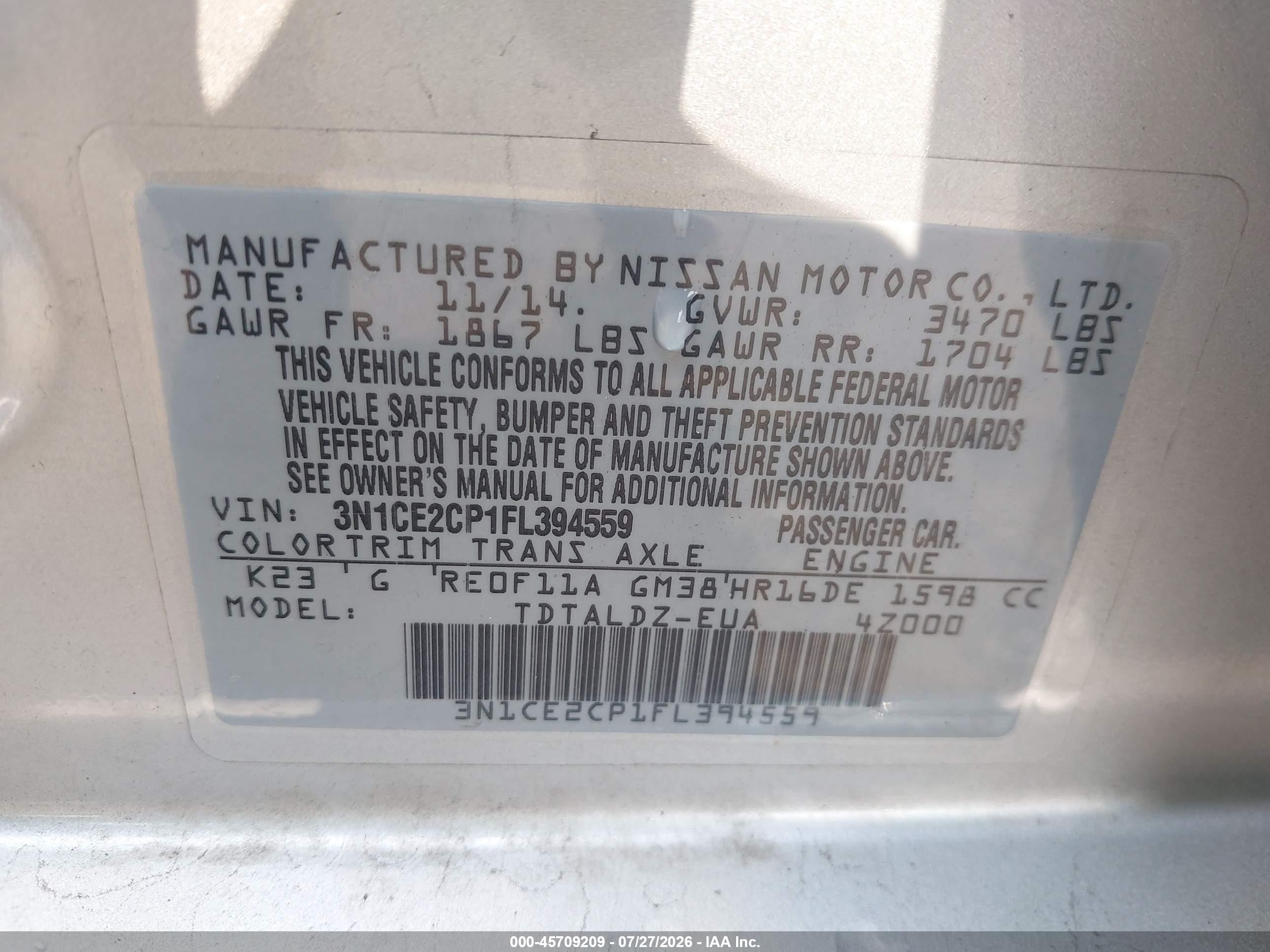2015 Nissan Versa Note S (sr)/s Plus/sl/sr/sv Silver vin: 3N1CE2CP1FL394559
