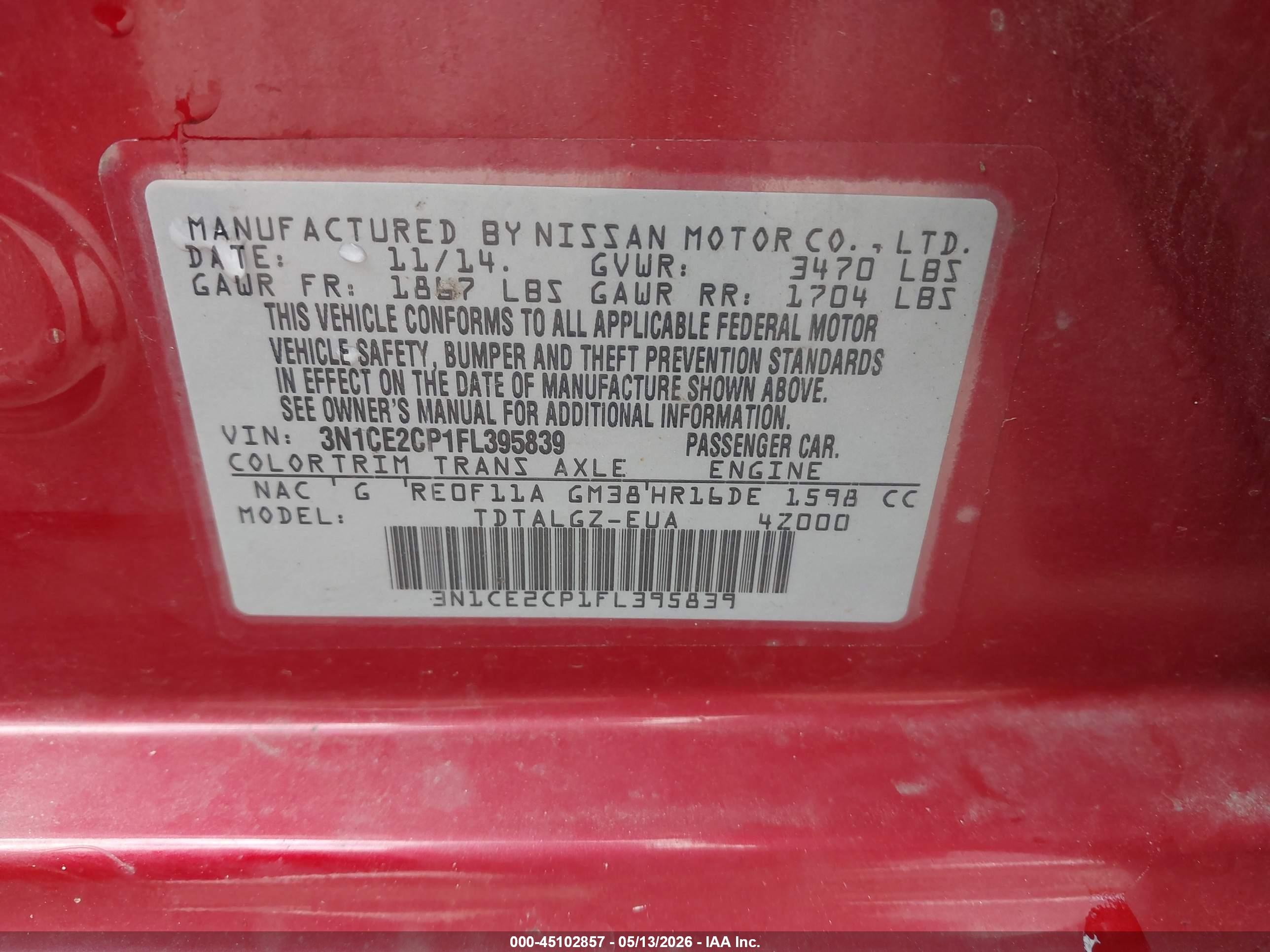 2015 Nissan Versa Note Sr Red vin: 3N1CE2CP1FL395839