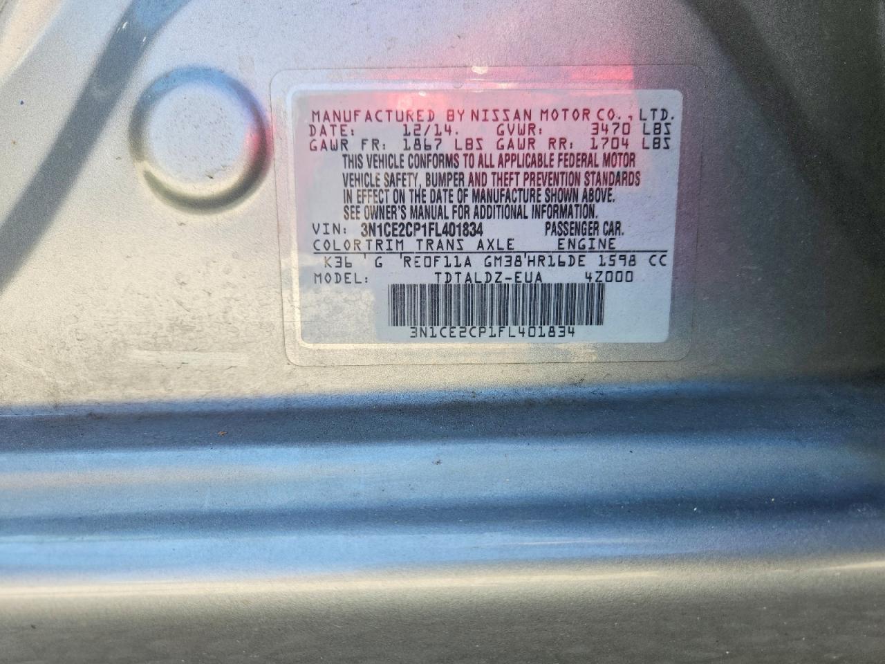 2015 Nissan Versa Note Sv Silver vin: 3N1CE2CP1FL401834