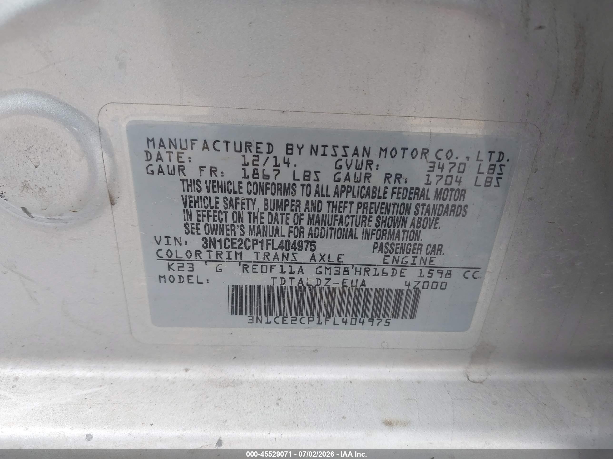 2015 Nissan Versa Note S (sr)/s Plus/sl/sr/sv Silver vin: 3N1CE2CP1FL404975