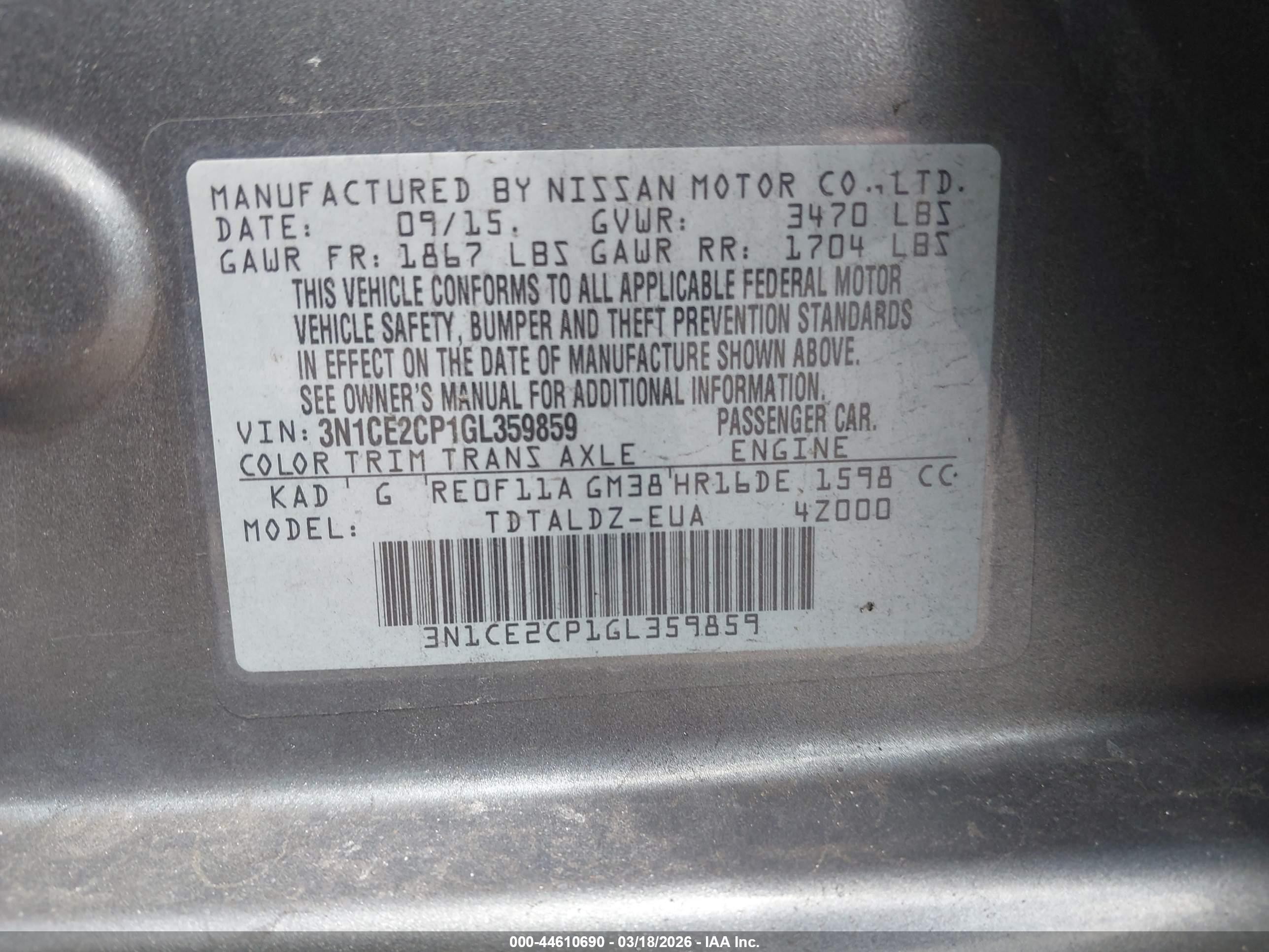 2016 Nissan Versa Note S (sr)/s Plus/sl/sr/sv Gray vin: 3N1CE2CP1GL359859