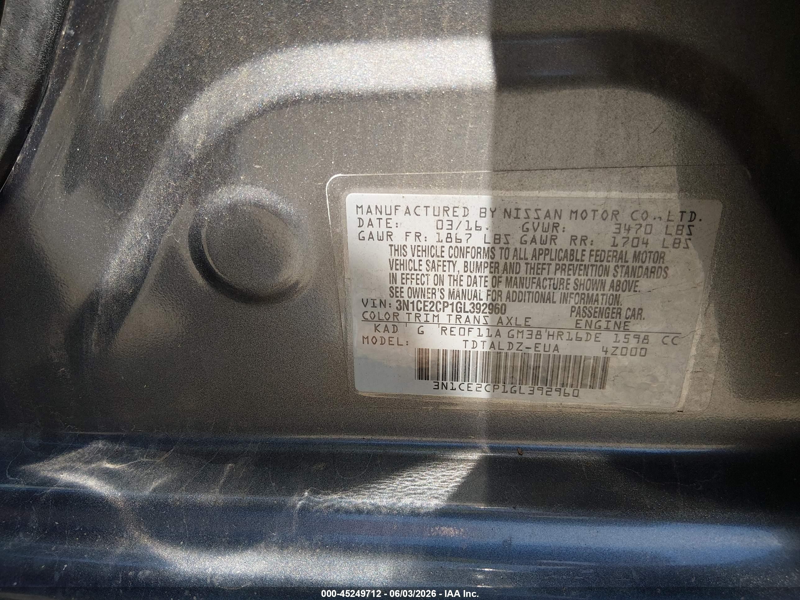 2016 Nissan Versa Note Sv Gray vin: 3N1CE2CP1GL392960