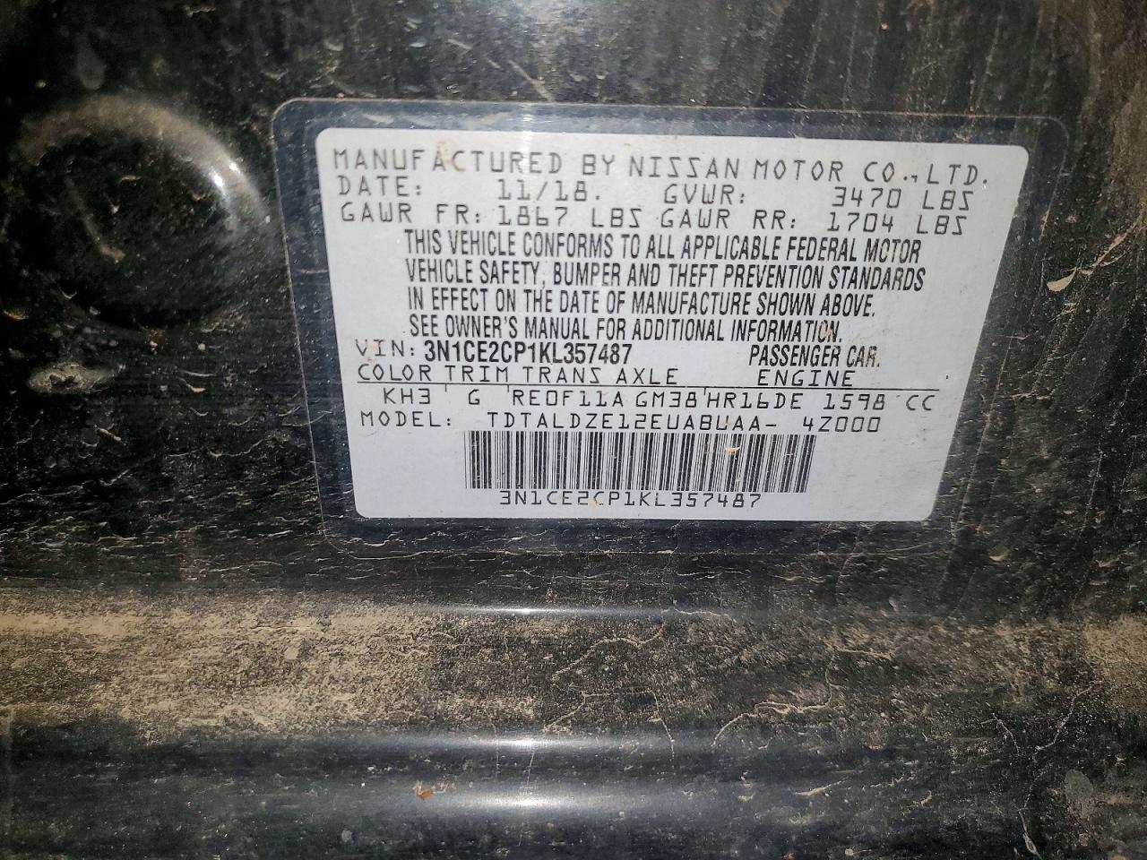 2019 Nissan Versa Note Sv Black vin: 3N1CE2CP1KL357487