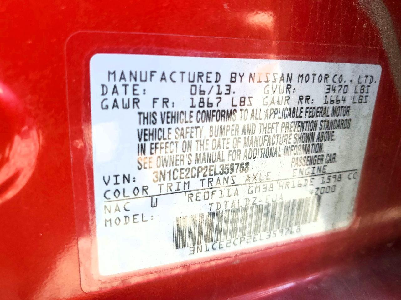 2014 Nissan Versa Note Sv Red vin: 3N1CE2CP2EL359768