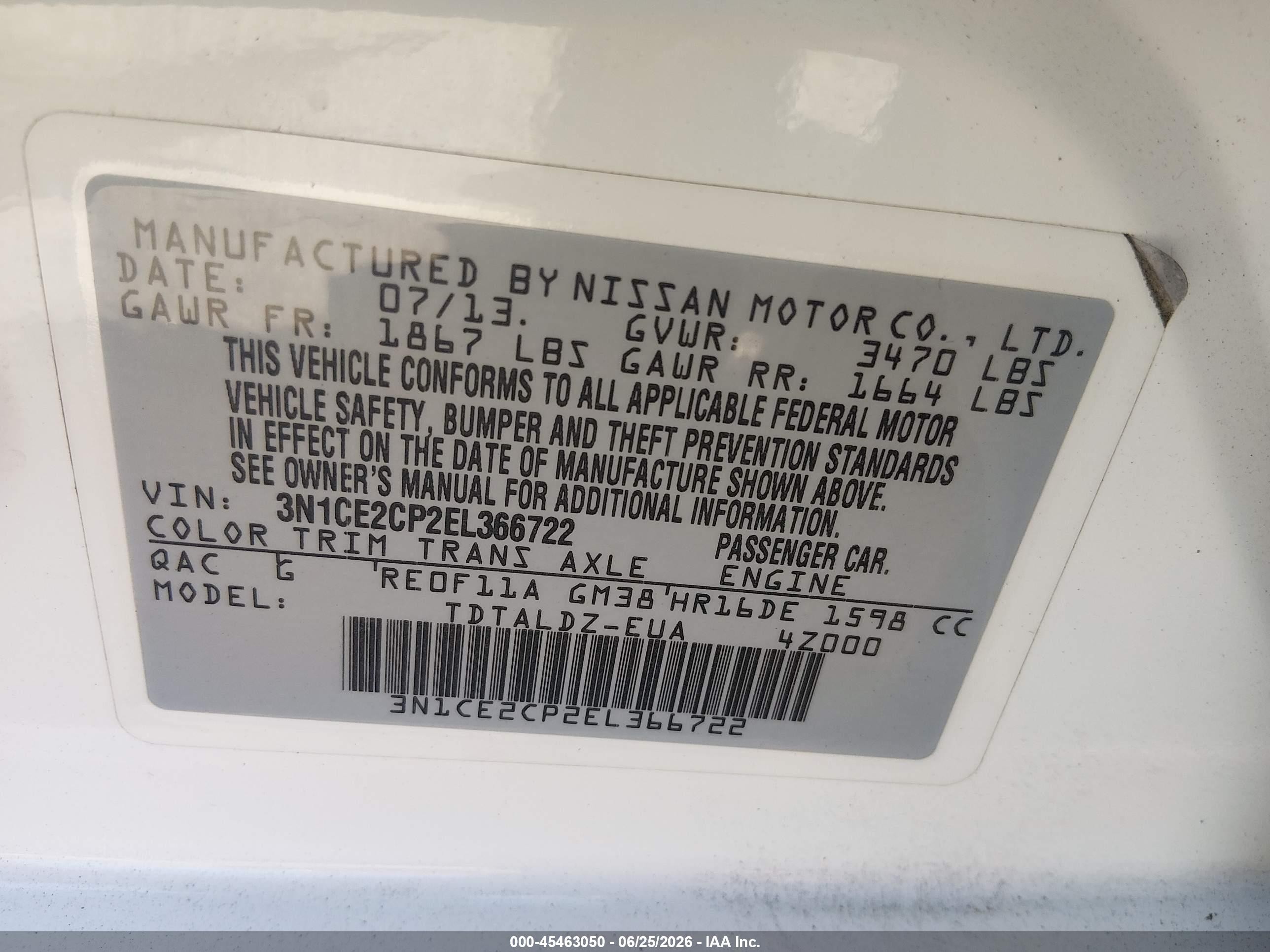 2014 Nissan Versa Note Sv White vin: 3N1CE2CP2EL366722